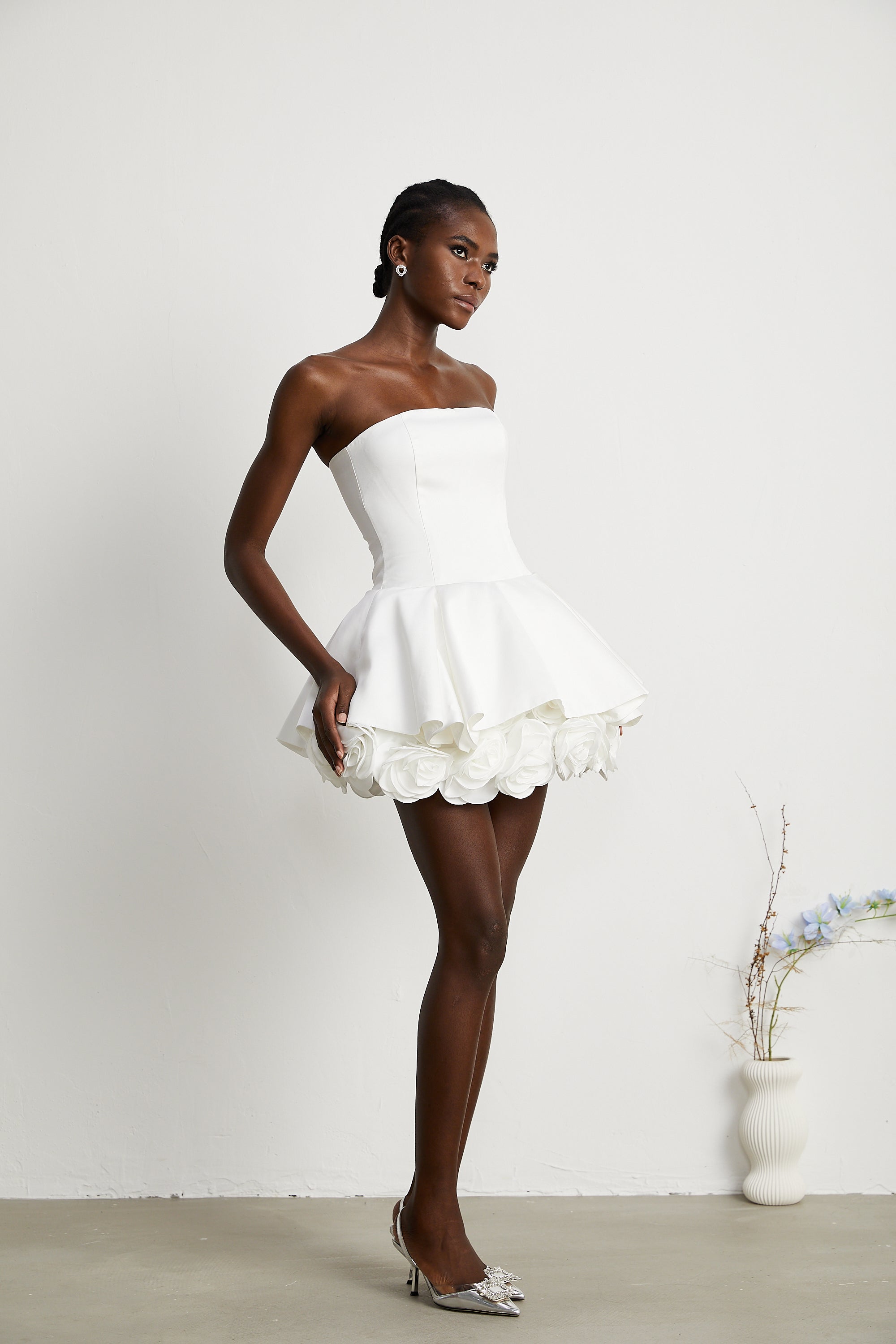 Lucie white petal-layered strapless corset mini dress