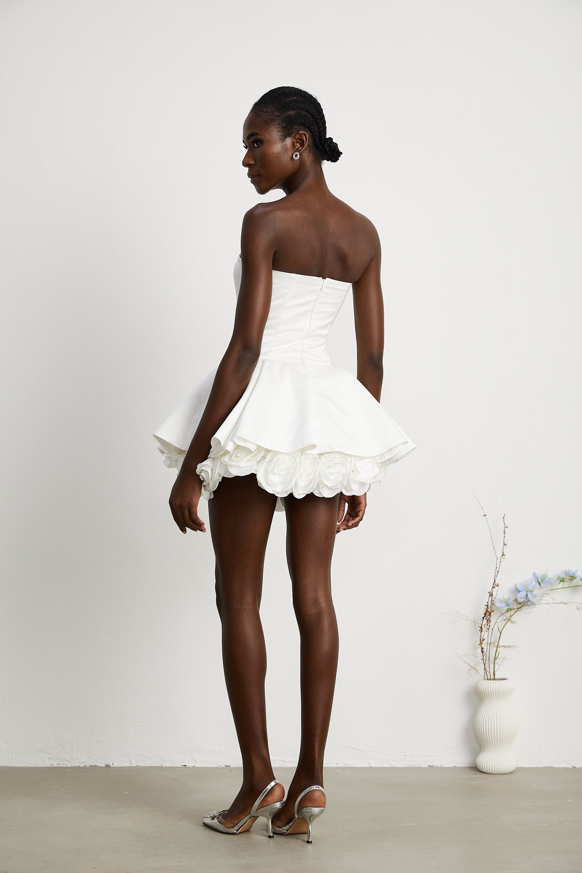 Lucie white petal-layered strapless corset mini dress