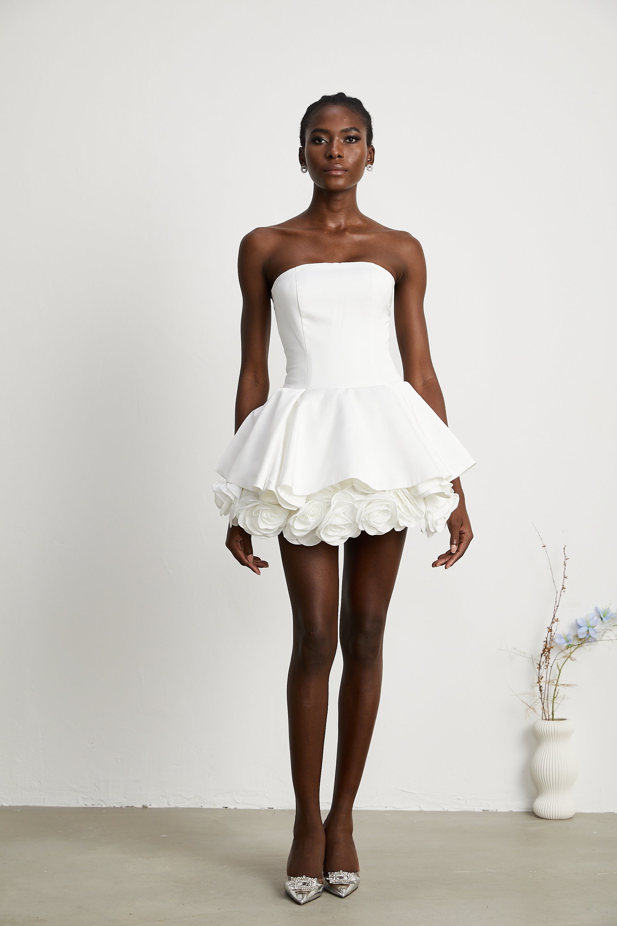 Lucie white petal-layered strapless corset mini dress