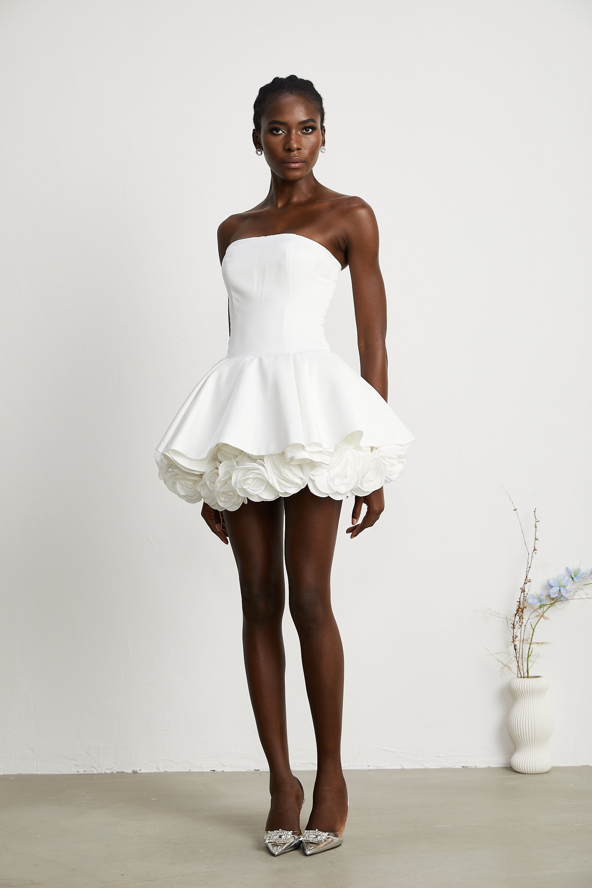 Lucie white petal-layered strapless corset mini dress