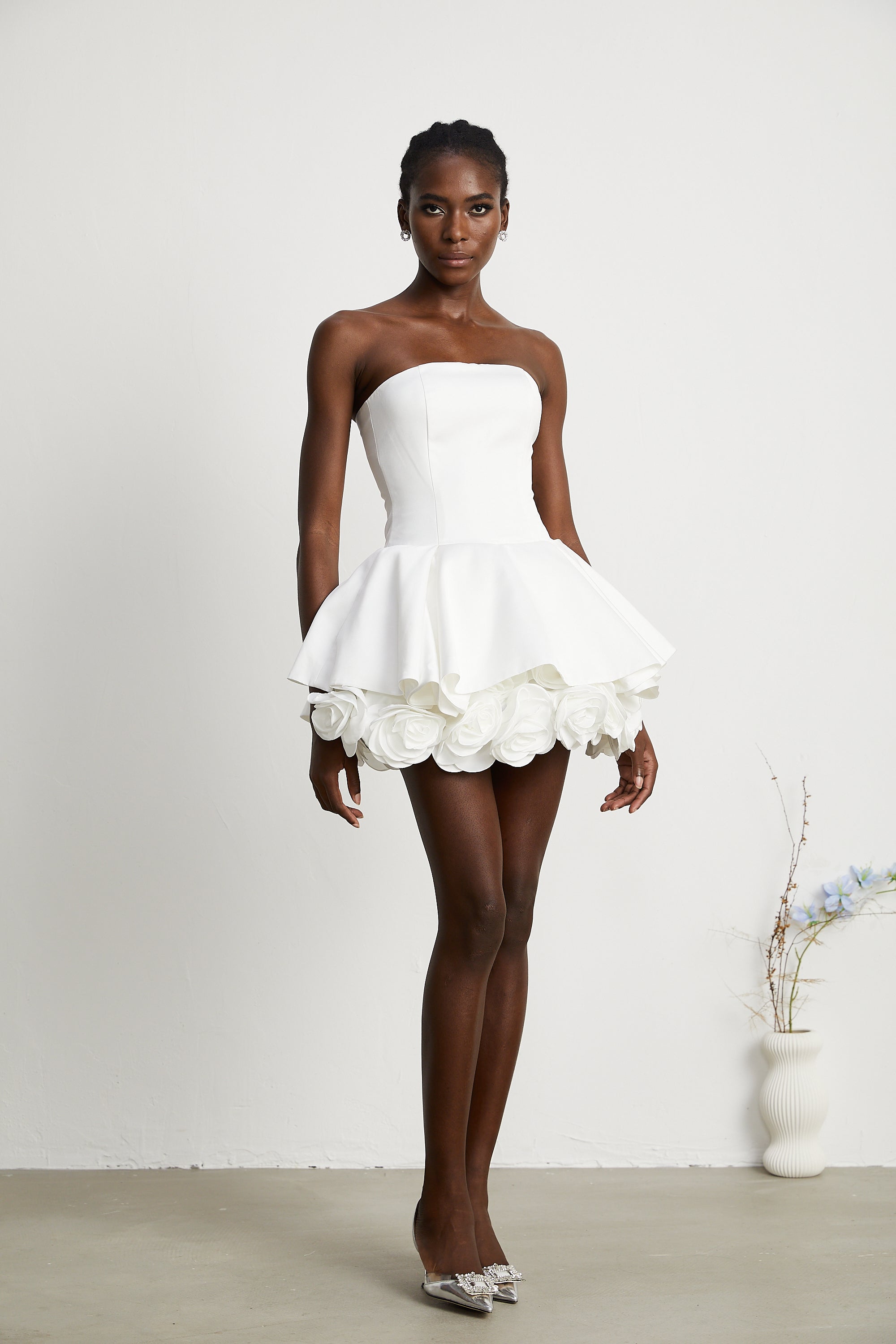 Lucie white petal-layered strapless corset mini dress