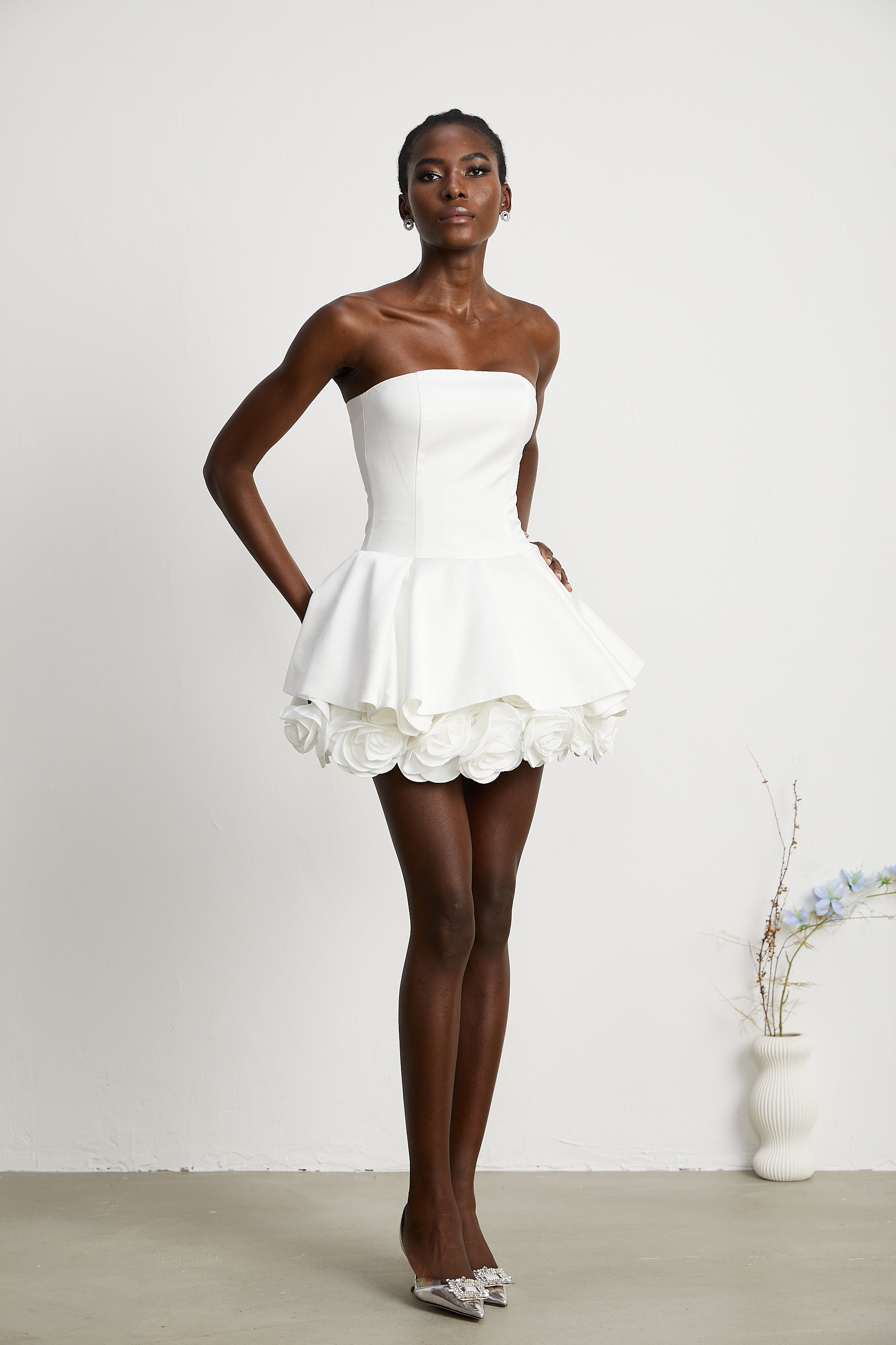 Lucie white petal-layered strapless corset mini dress