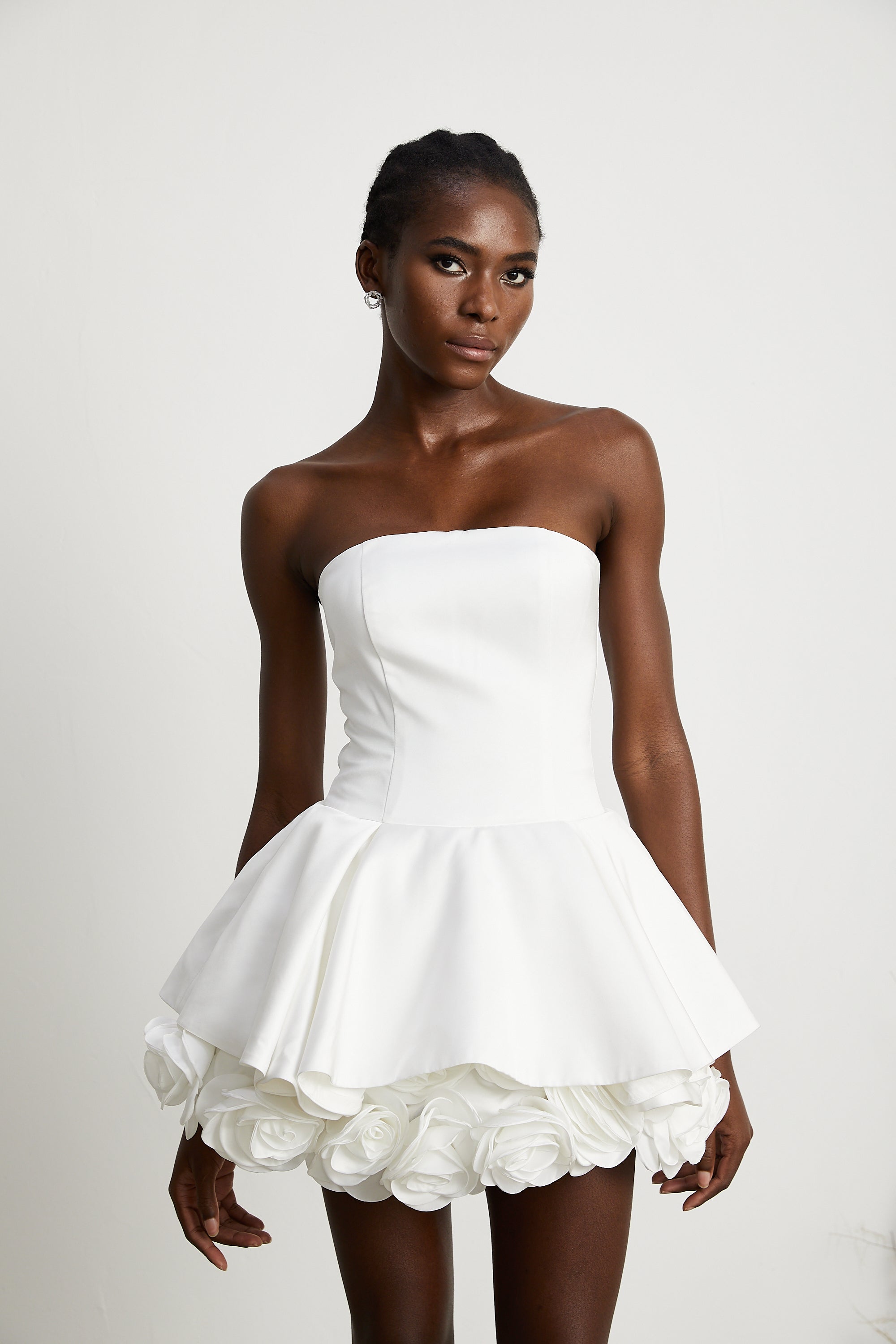 Lucie white petal-layered strapless corset mini dress