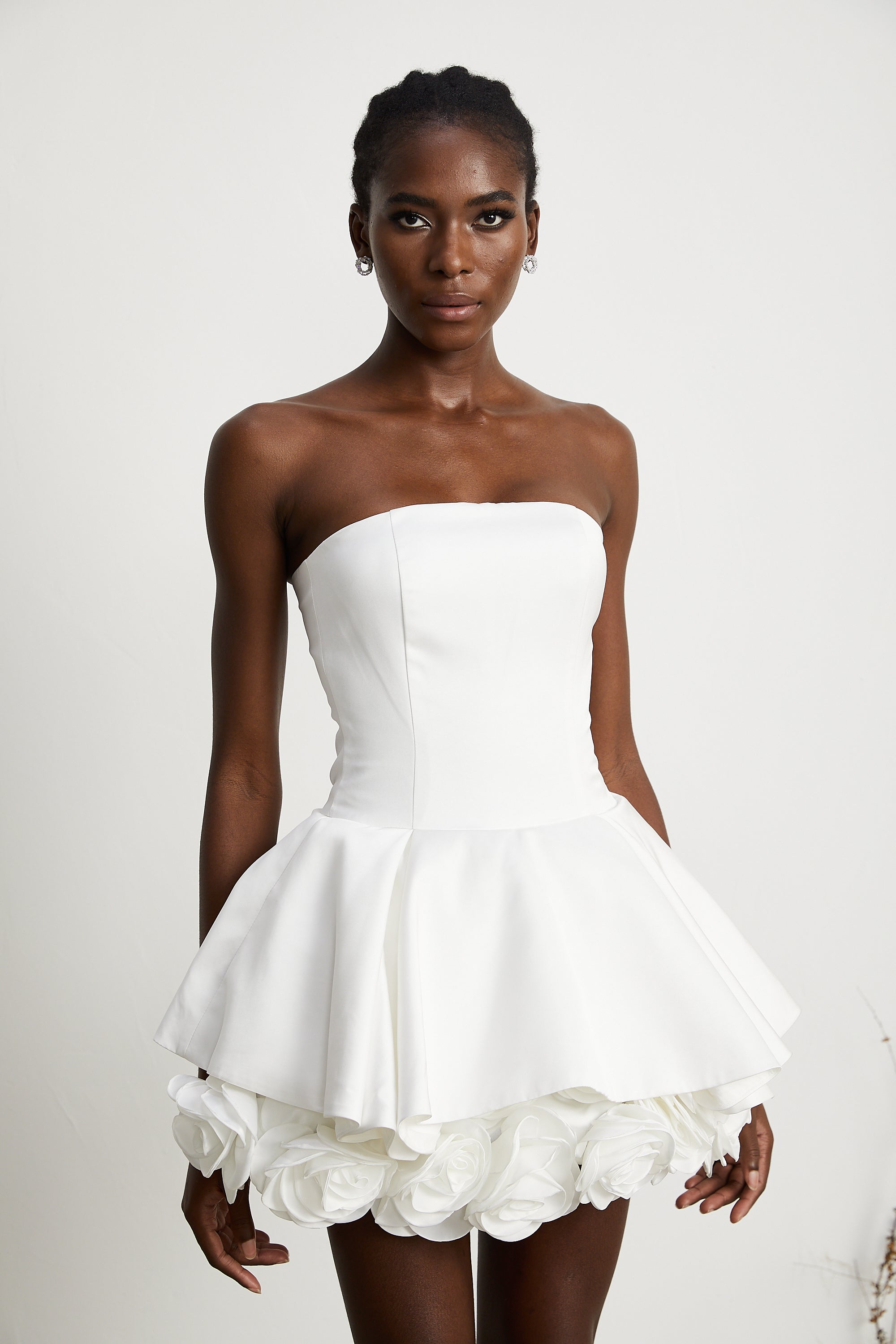 Lucie white petal-layered strapless corset mini dress