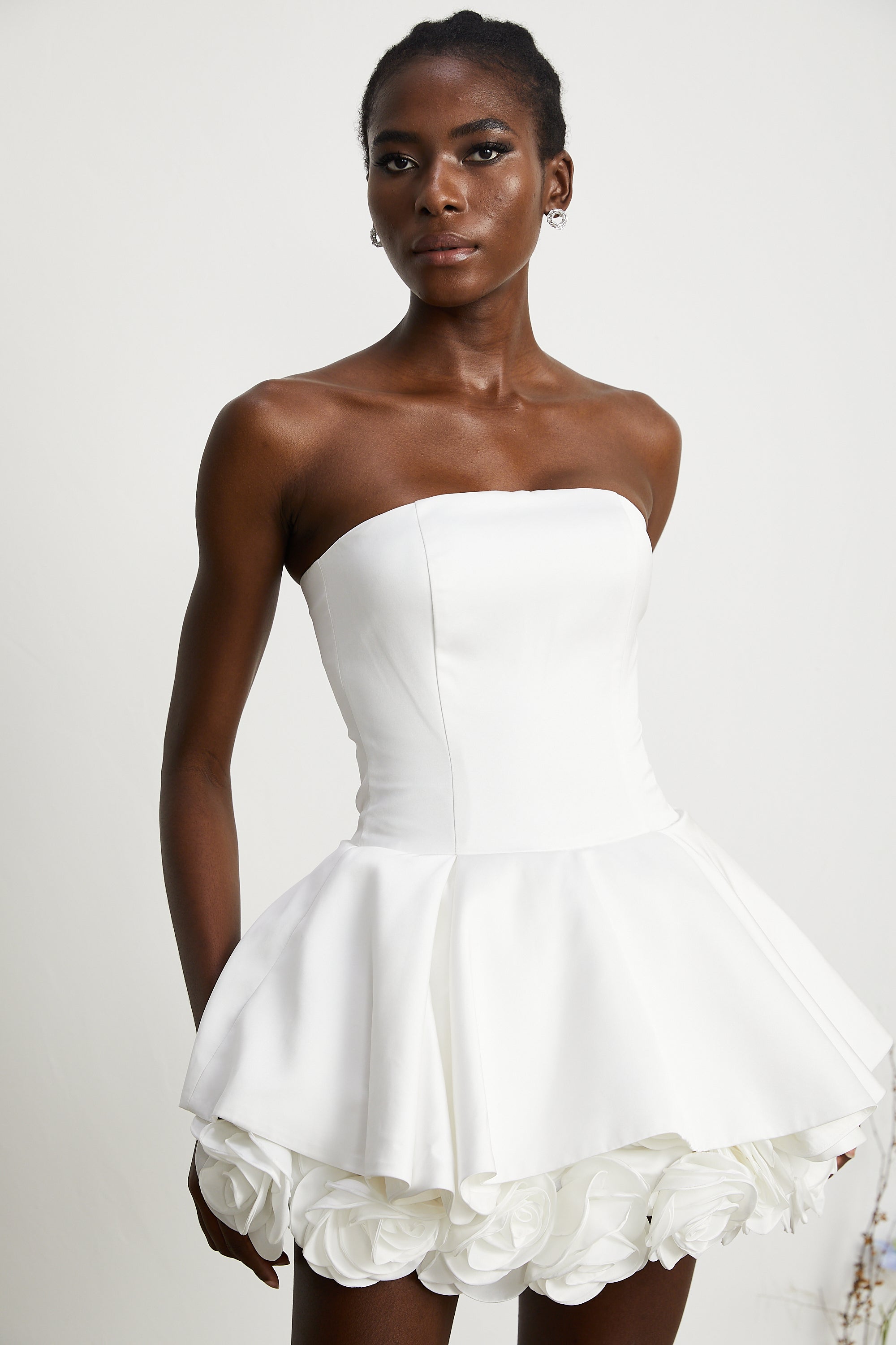 Lucie white petal-layered strapless corset mini dress