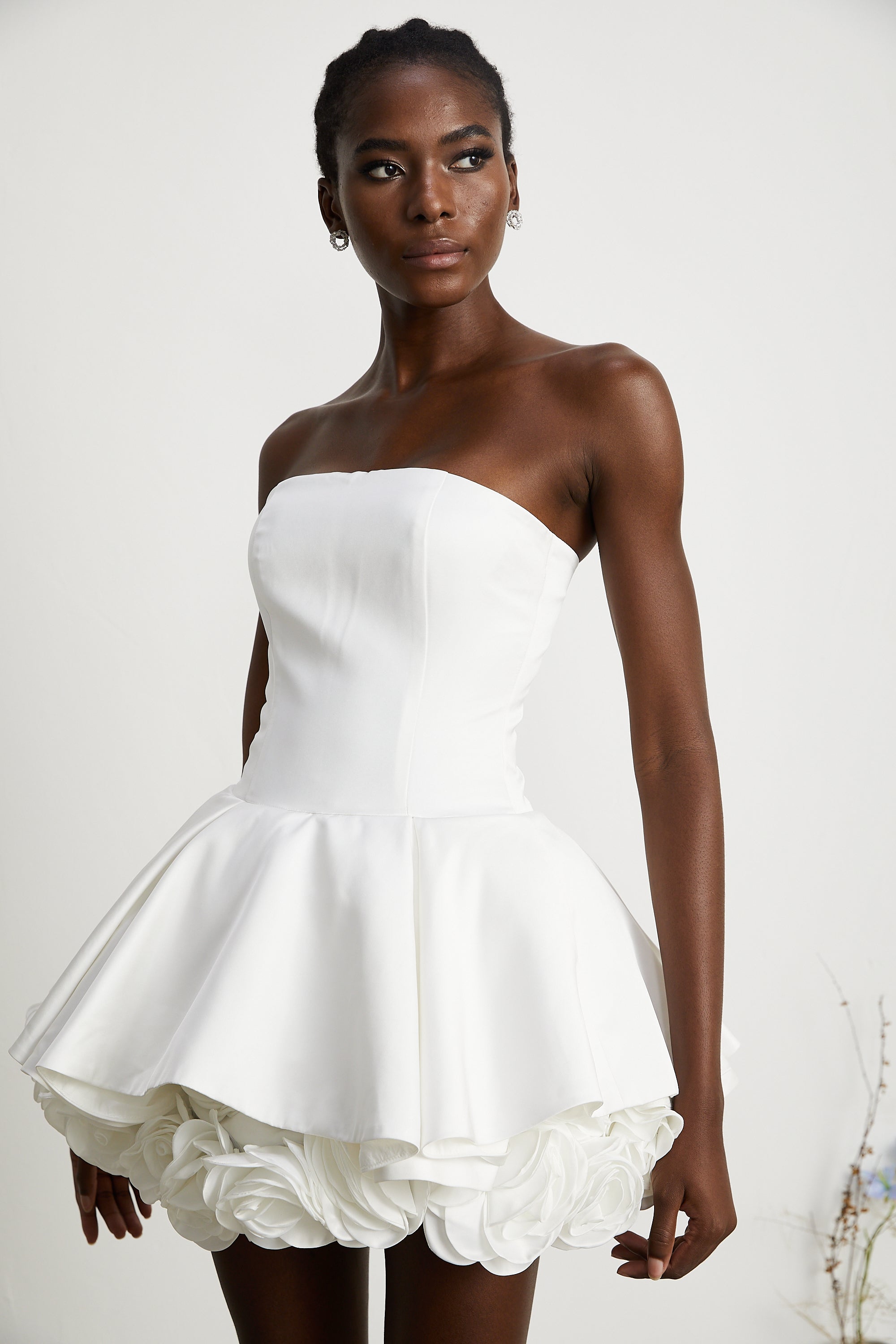 Lucie white petal-layered strapless corset mini dress