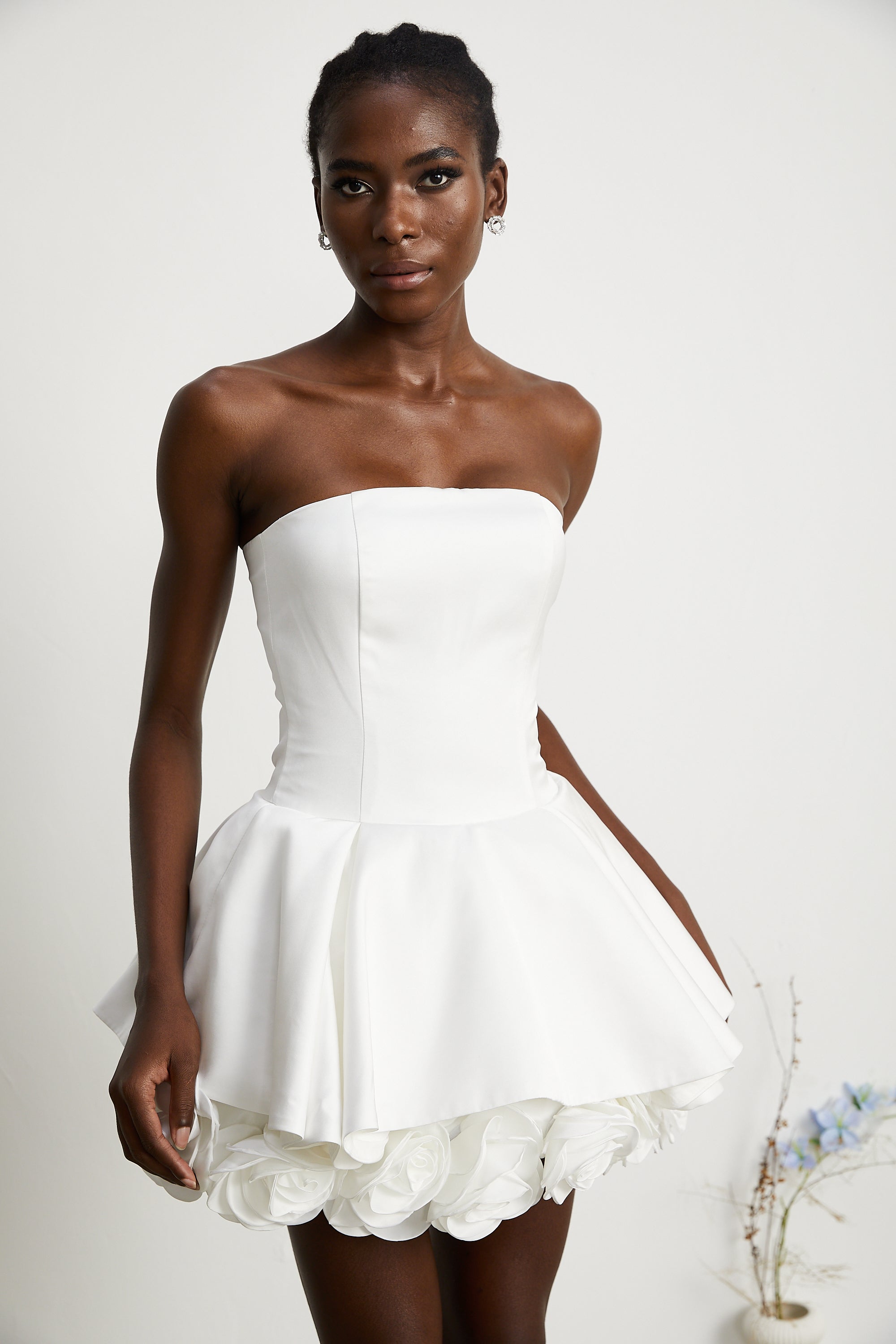 Lucie white petal-layered strapless corset mini dress