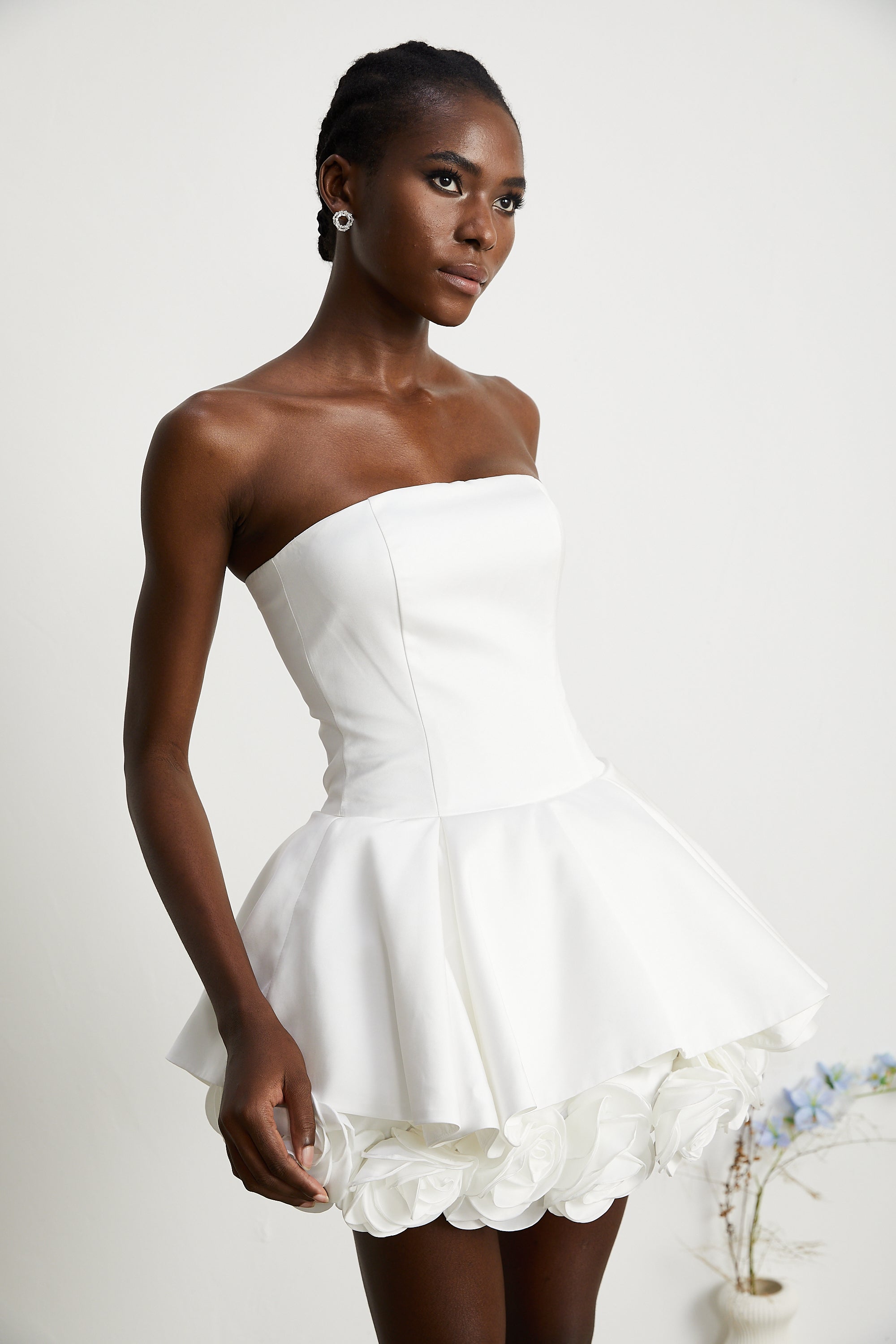 Lucie white petal-layered strapless corset mini dress