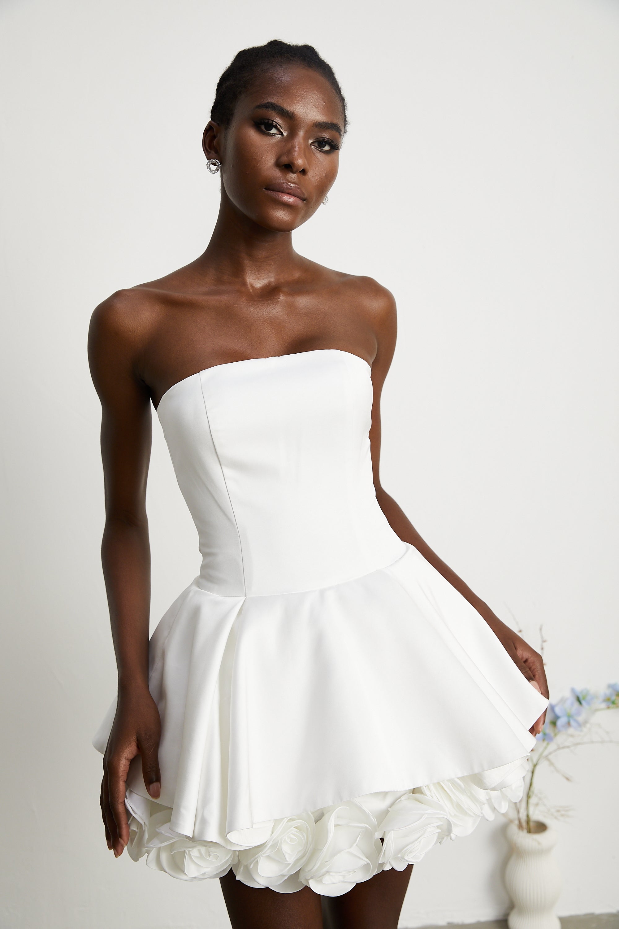 Lucie white petal-layered strapless corset mini dress