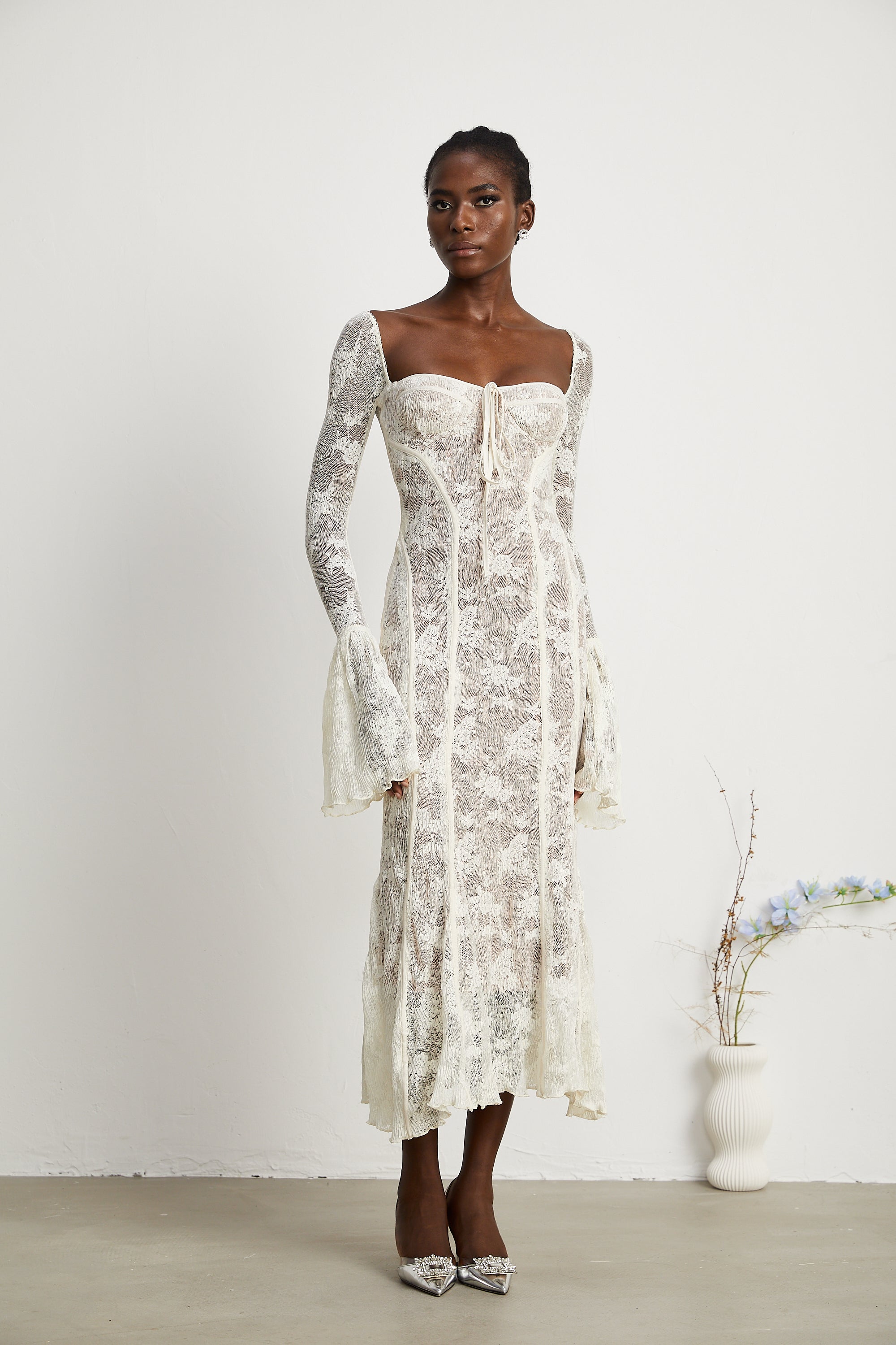 Marlene flared lace maxi dress in White