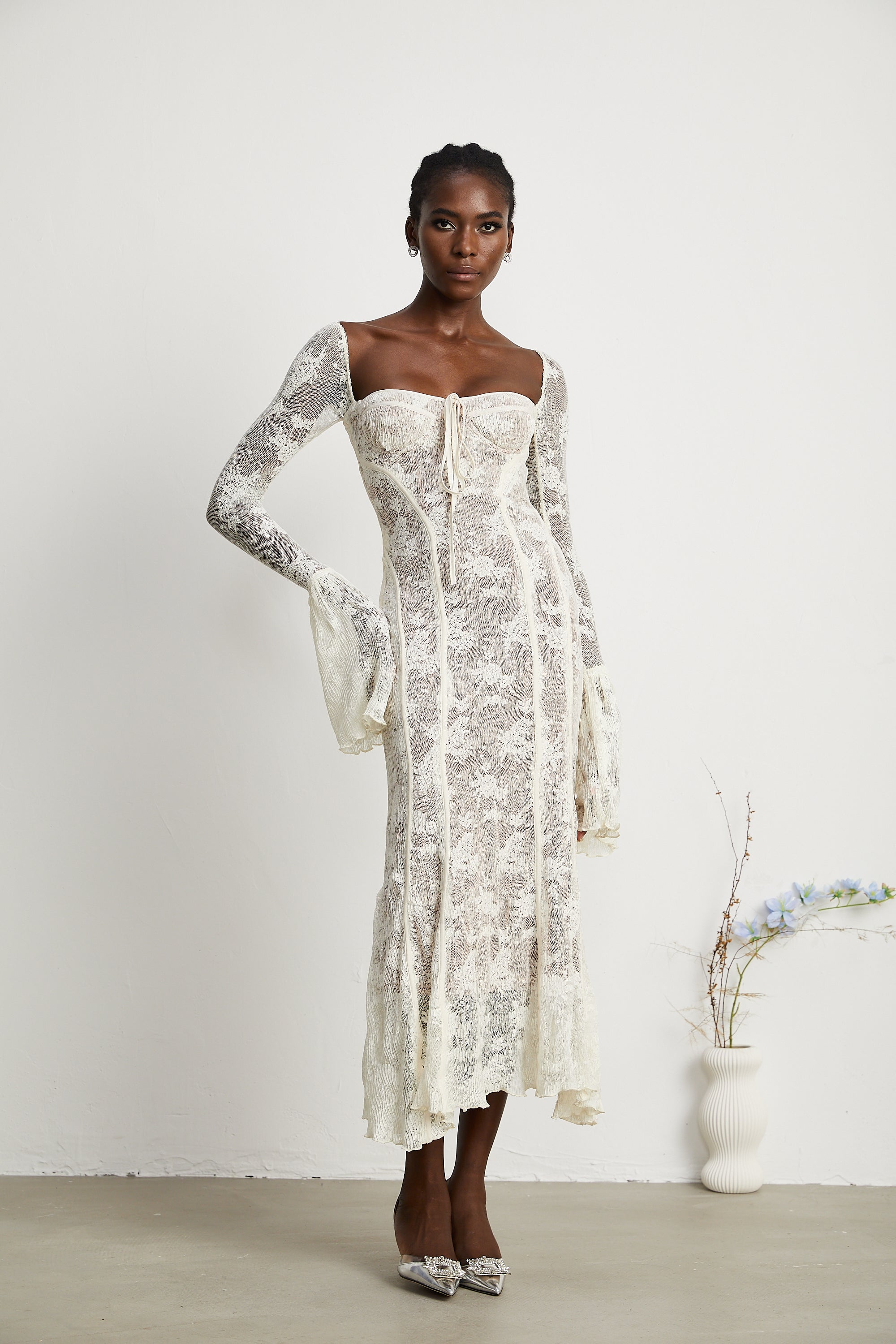 Marlene flared lace maxi dress in White