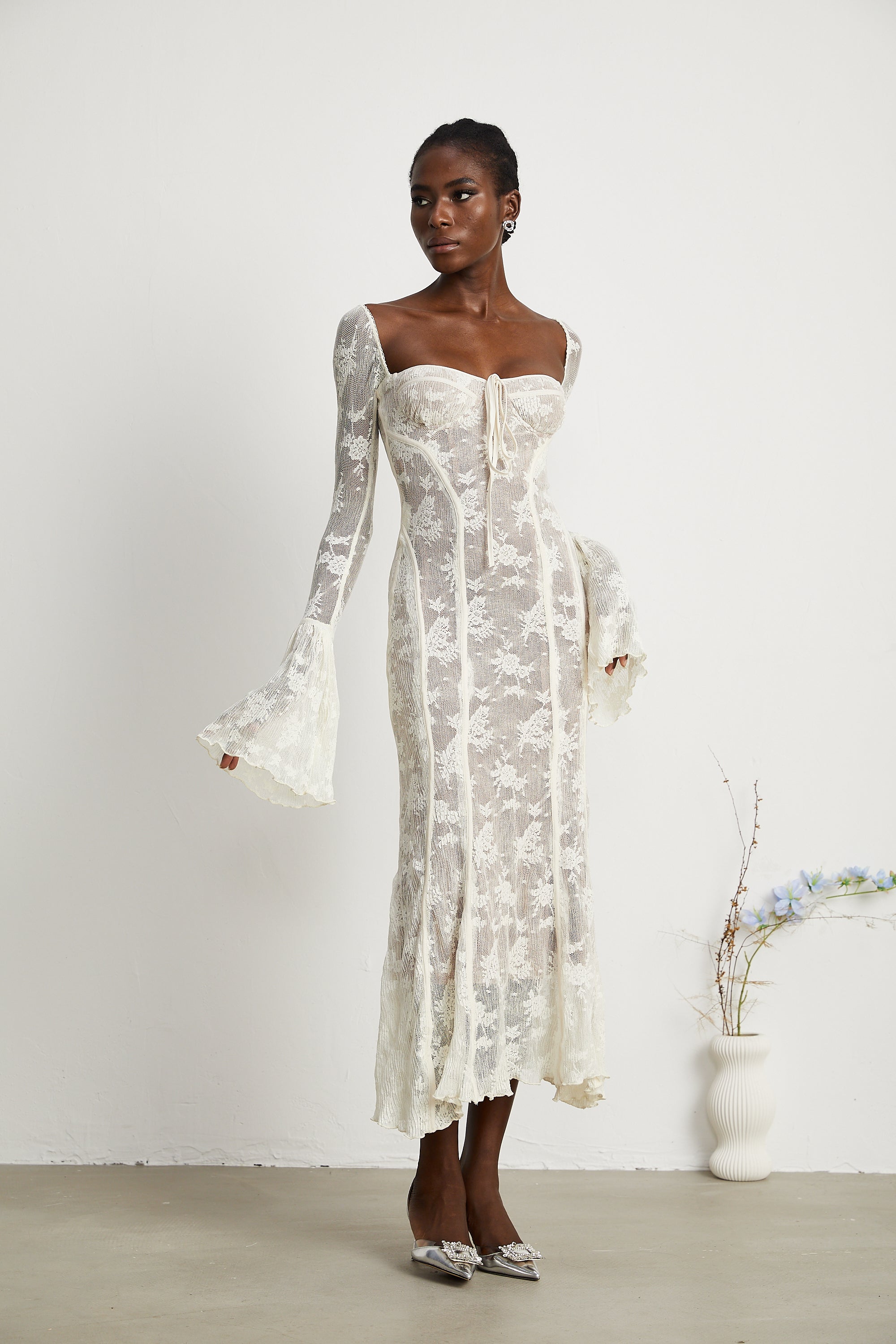 Marlene flared lace maxi dress in White