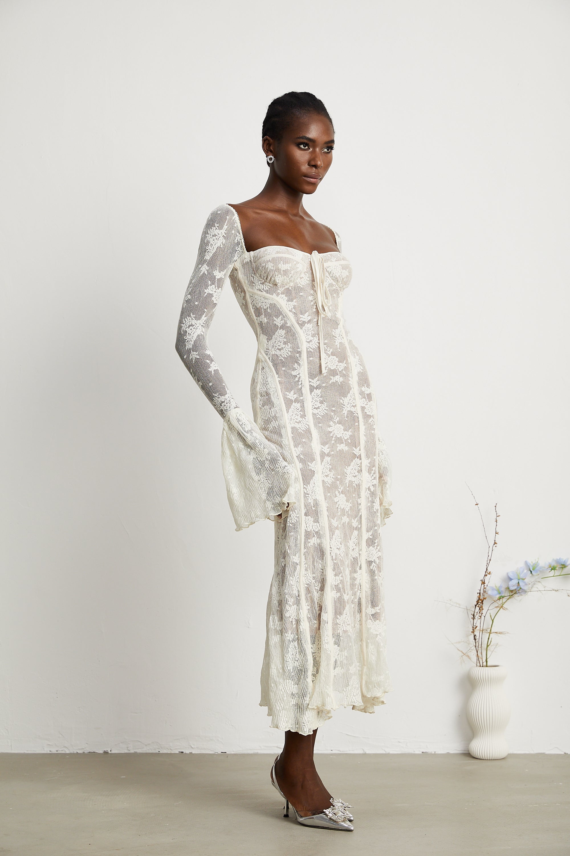 Marlene flared lace maxi dress in White