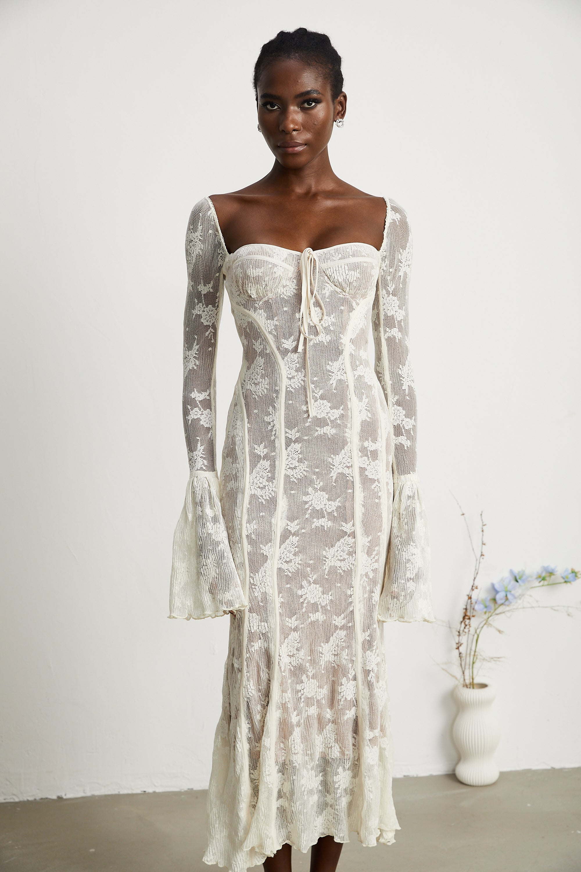 Marlene flared lace maxi dress in White