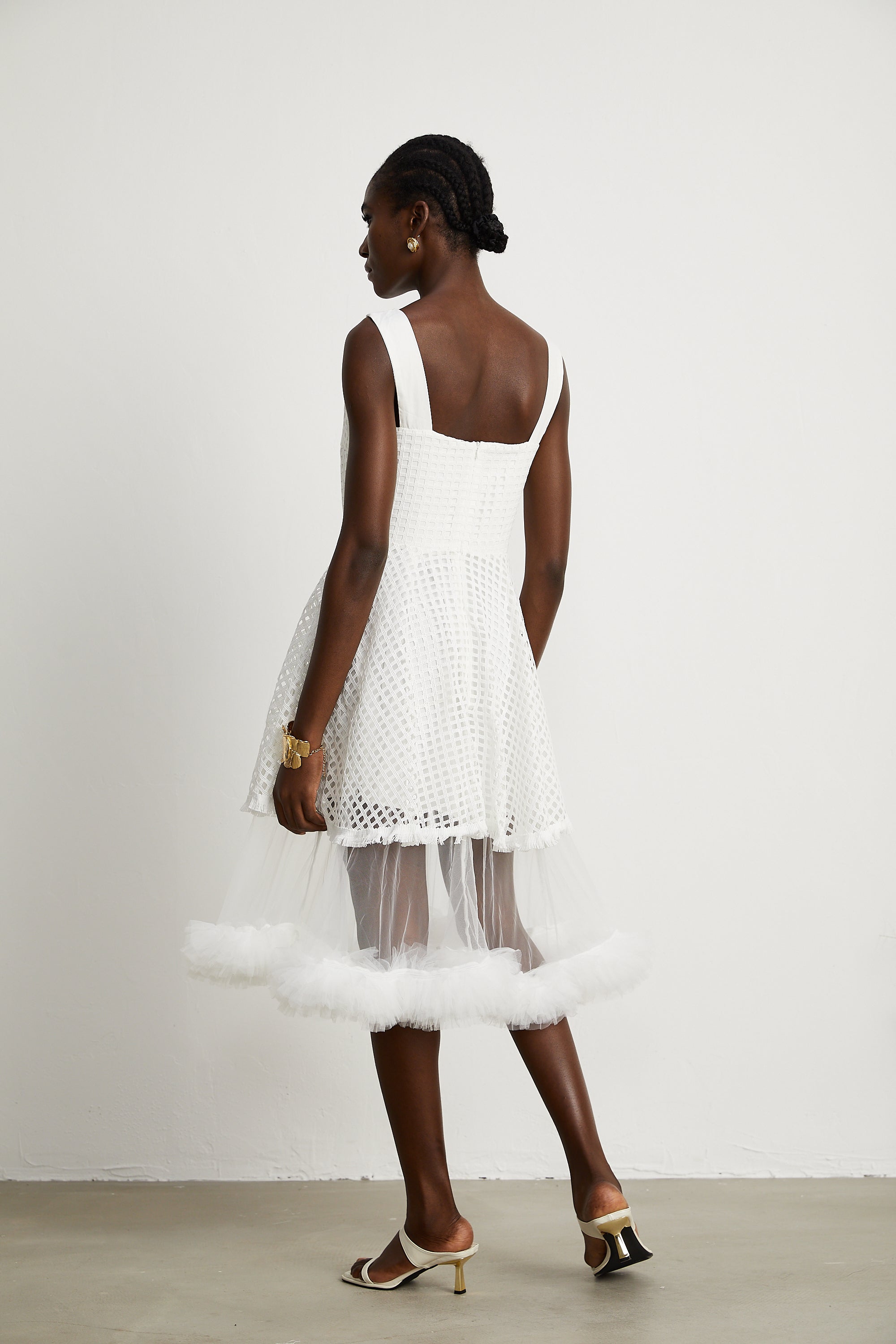 Camille lace ruffle hem cut-out midi dress