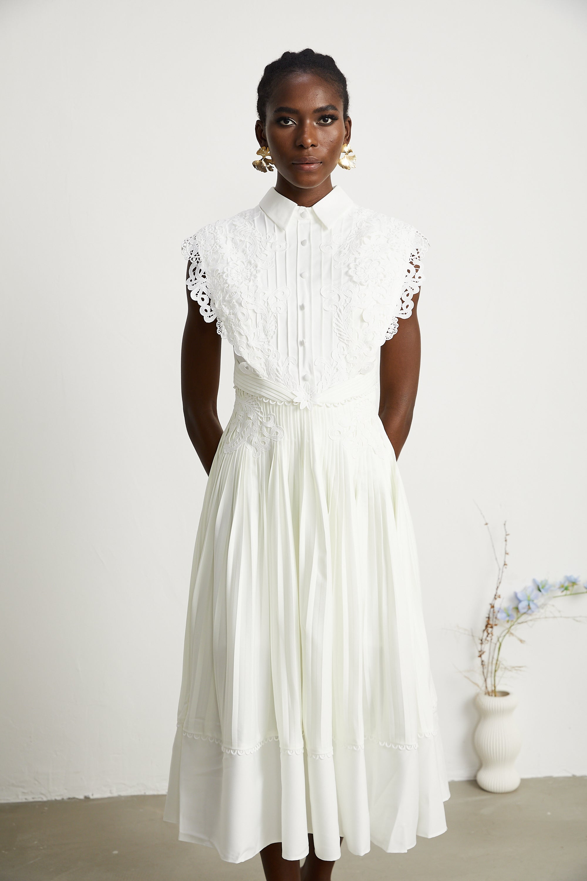 Avalon lace pleated midi dress