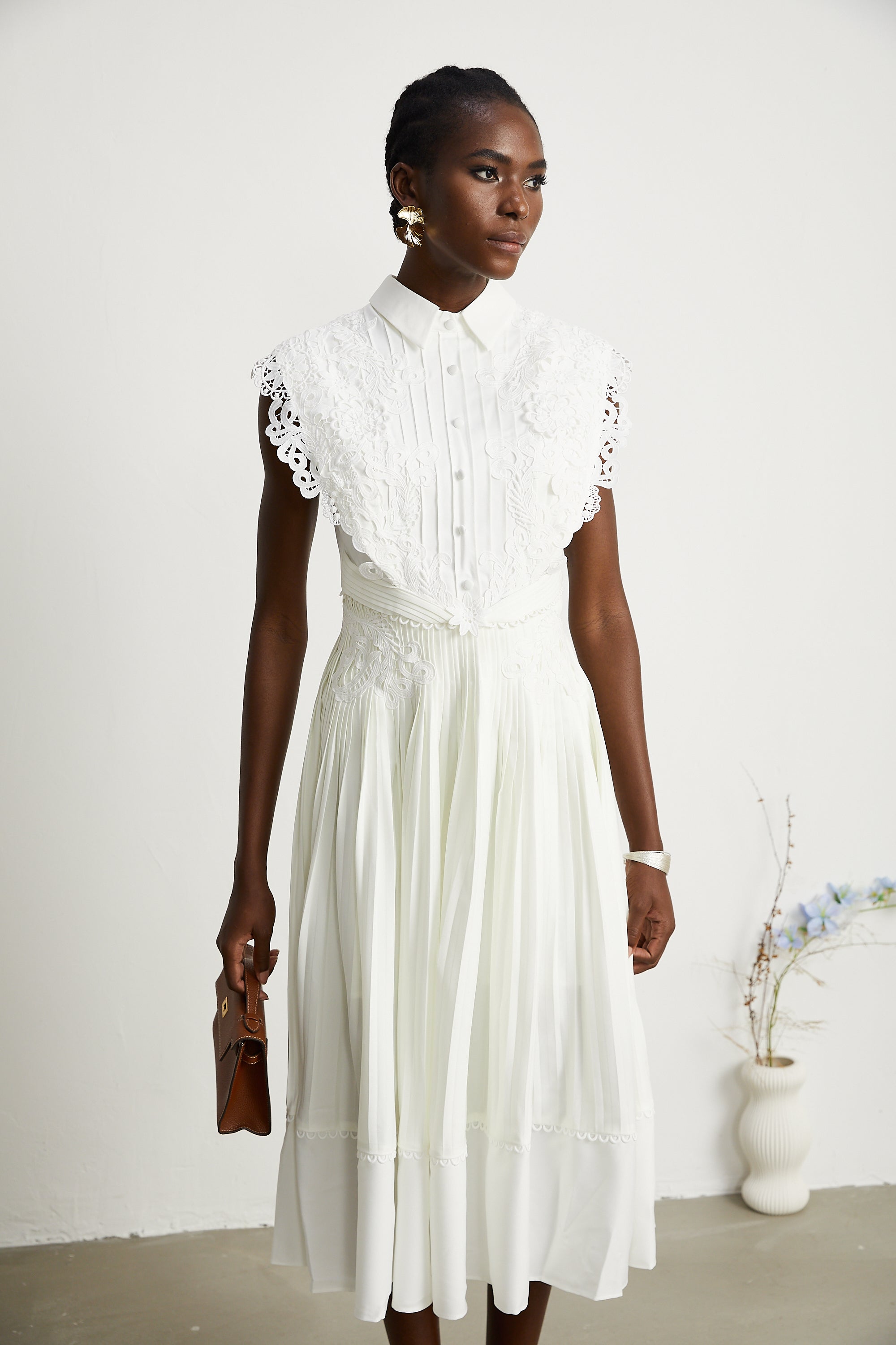 Avalon lace pleated midi dress