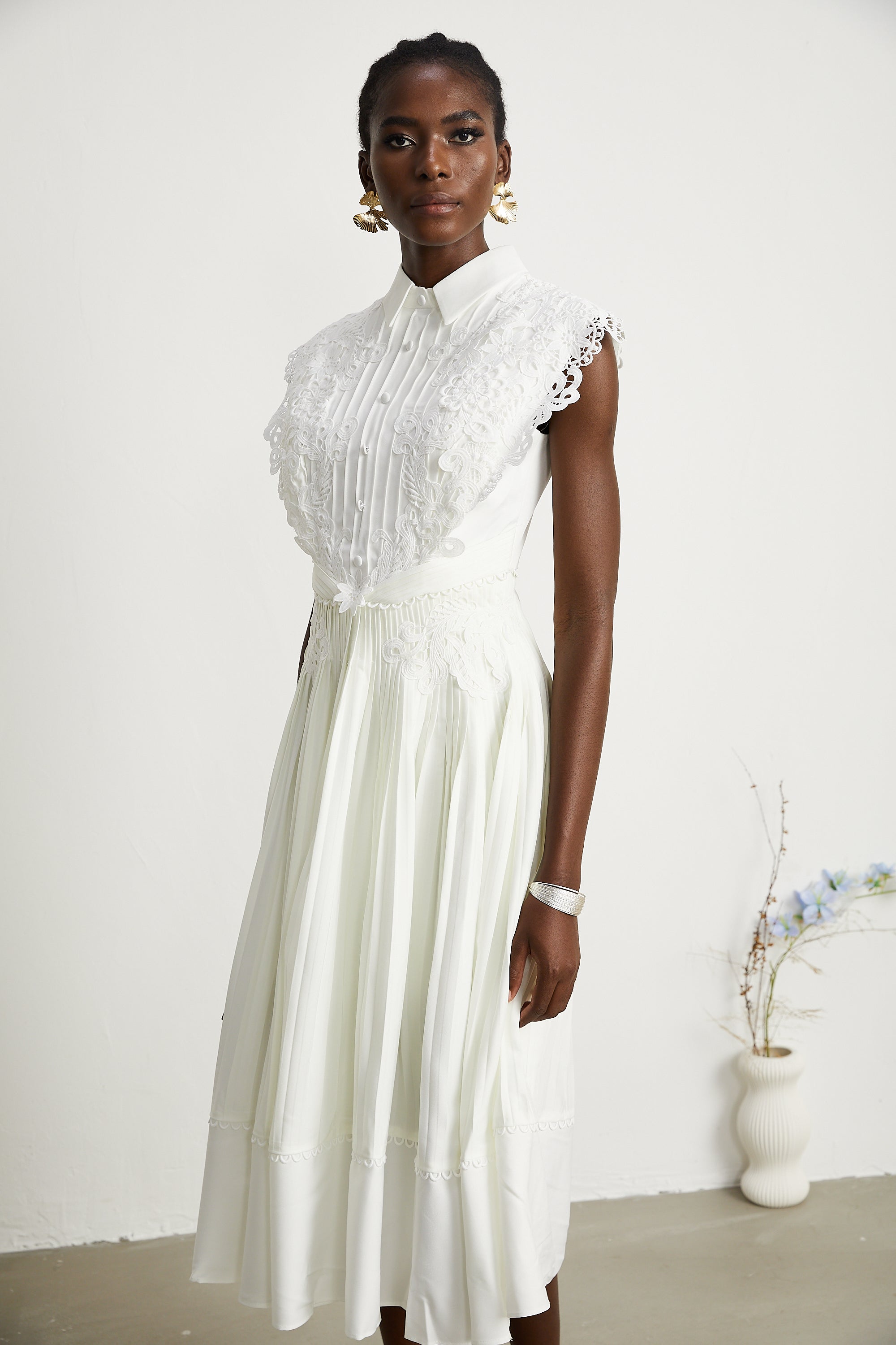 Avalon lace pleated midi dress