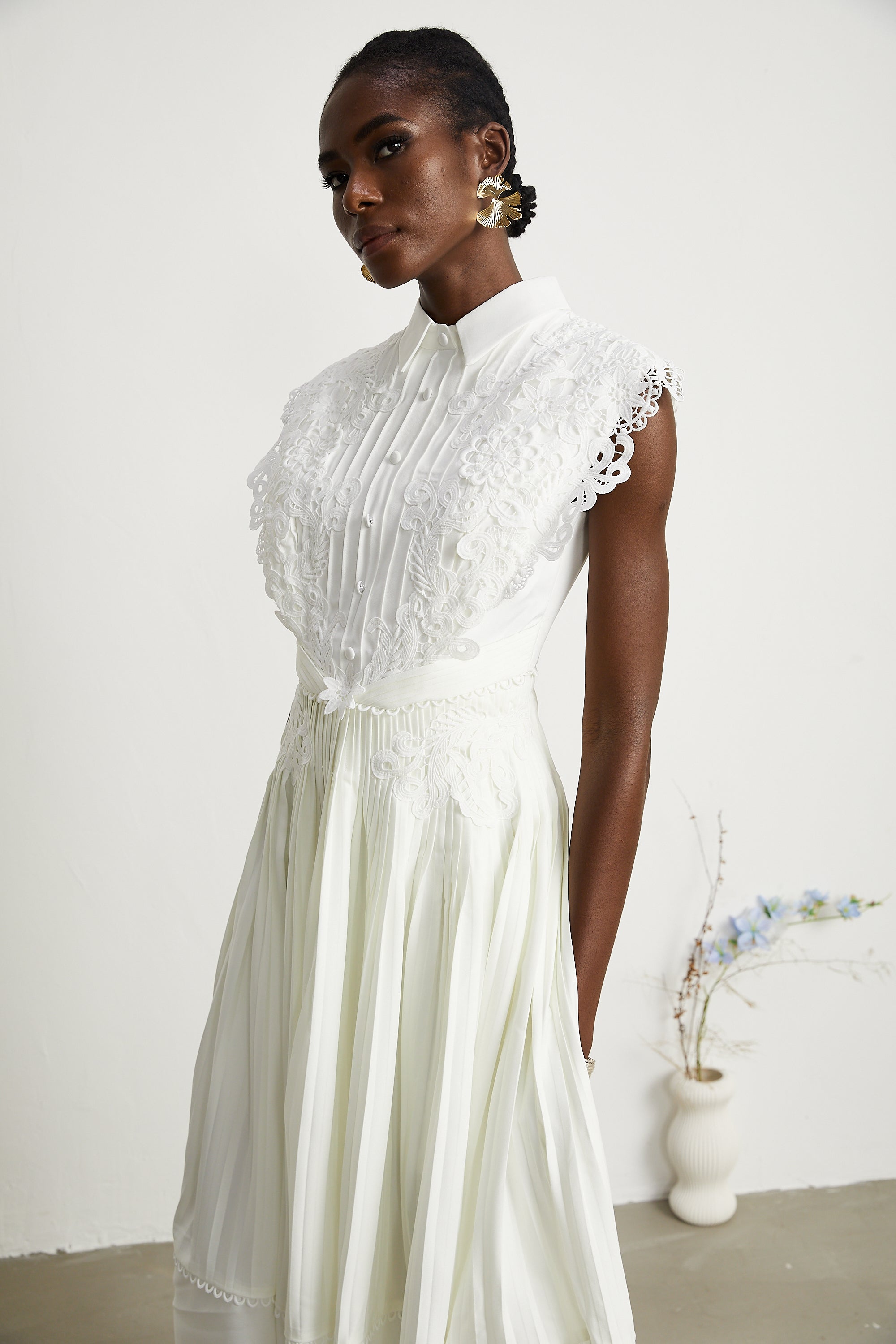 Avalon lace pleated midi dress