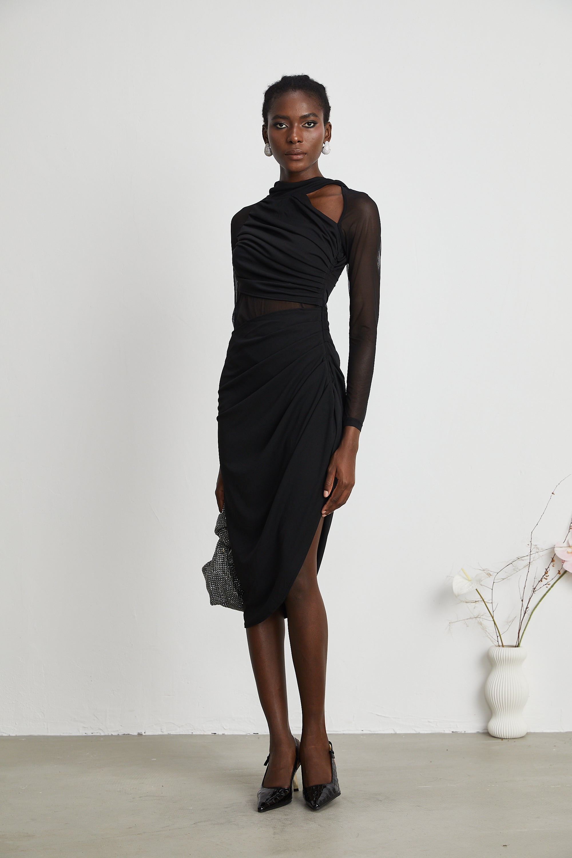 Clarisse semi-sheer ruched midi dress