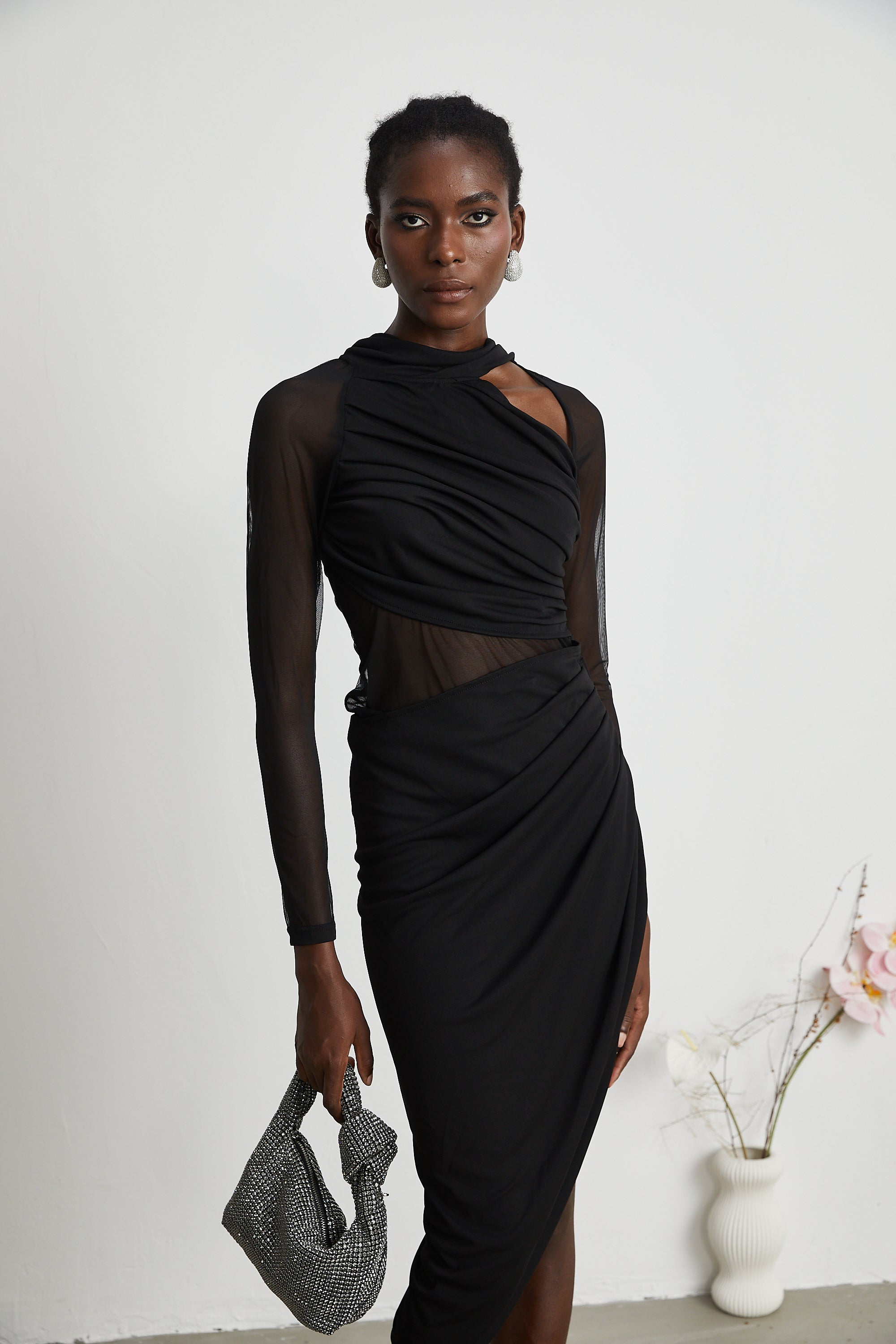 Clarisse semi-sheer ruched midi dress