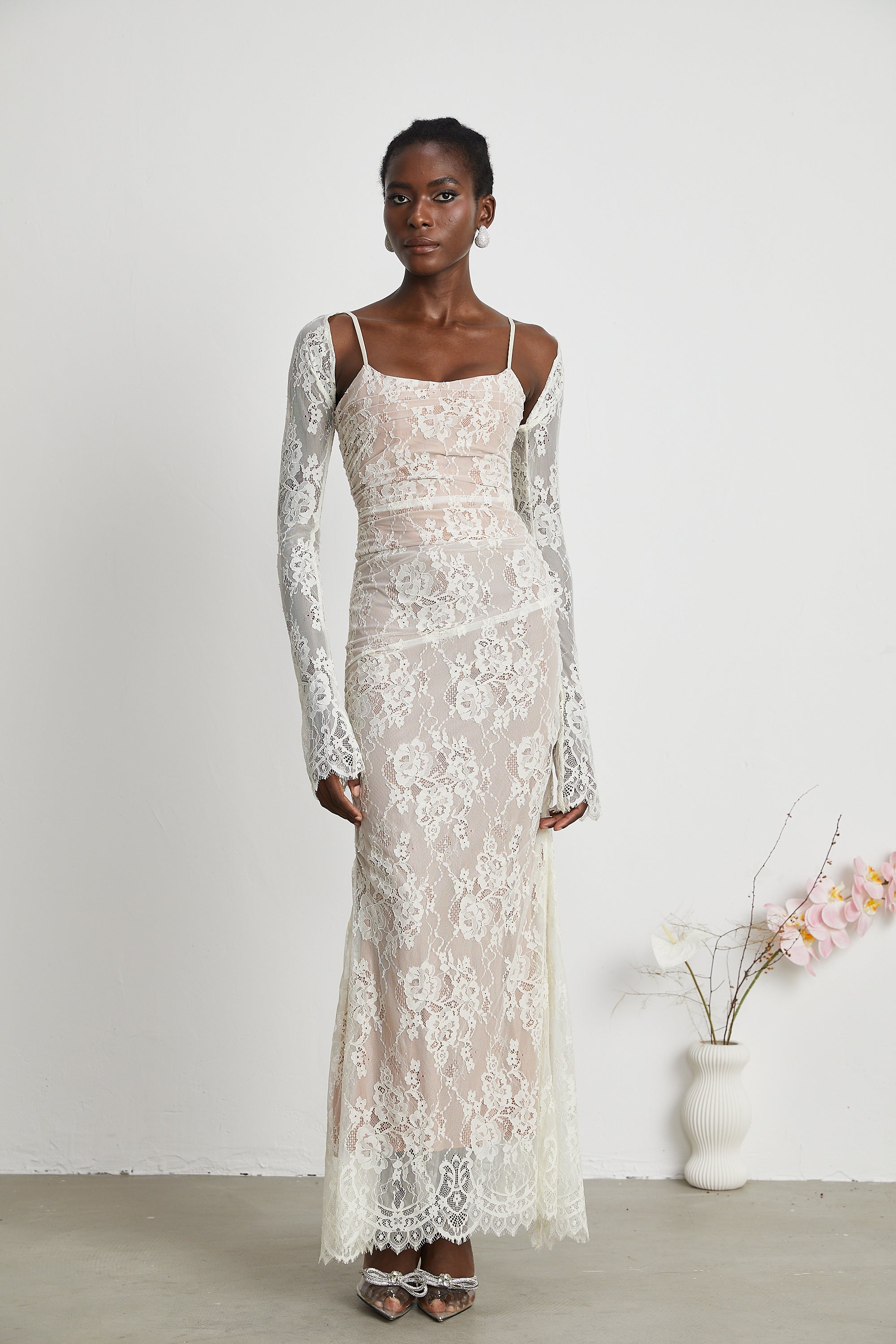 Valérie white floral lace mesh maxi dress