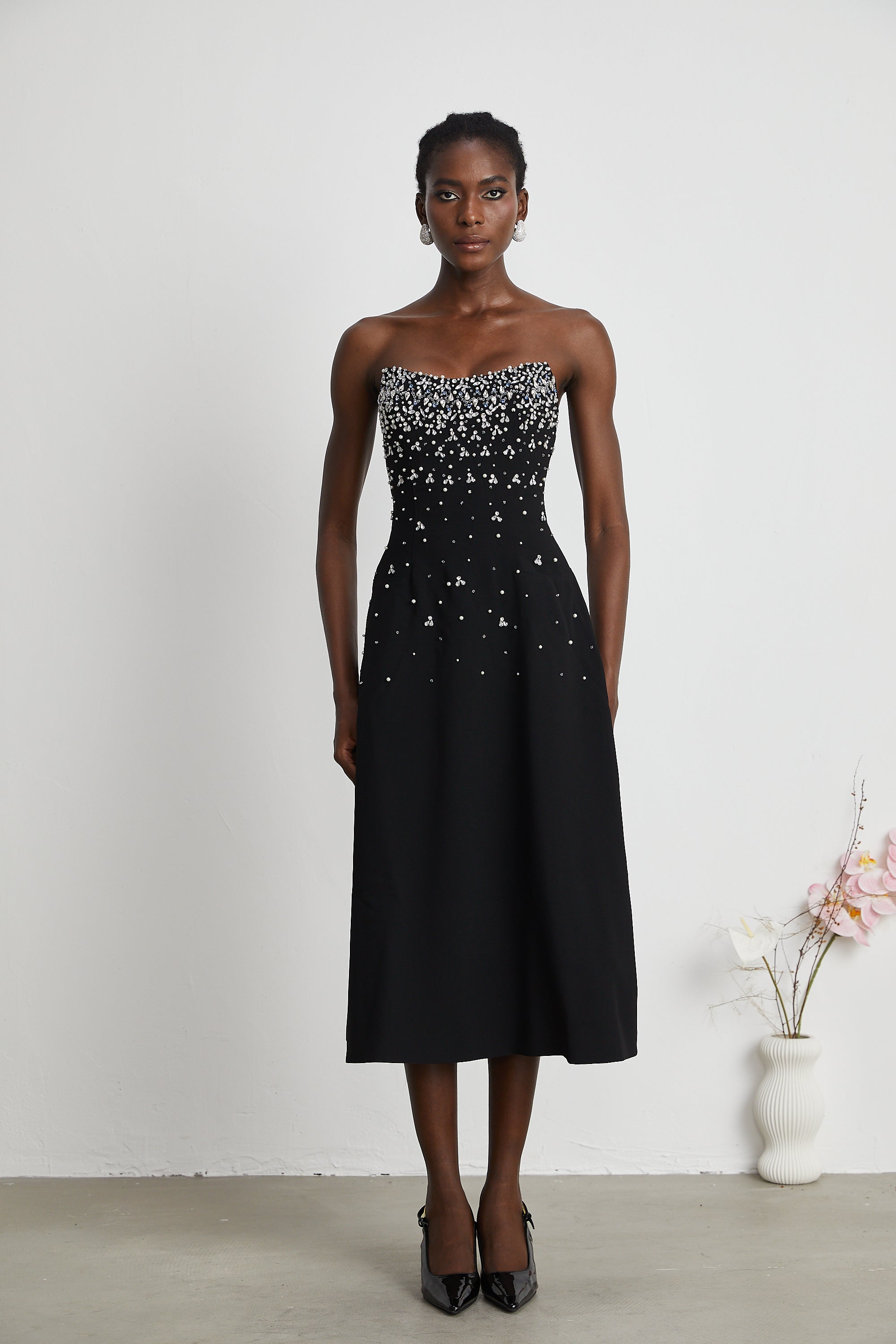 Melisande black embellished midi dress