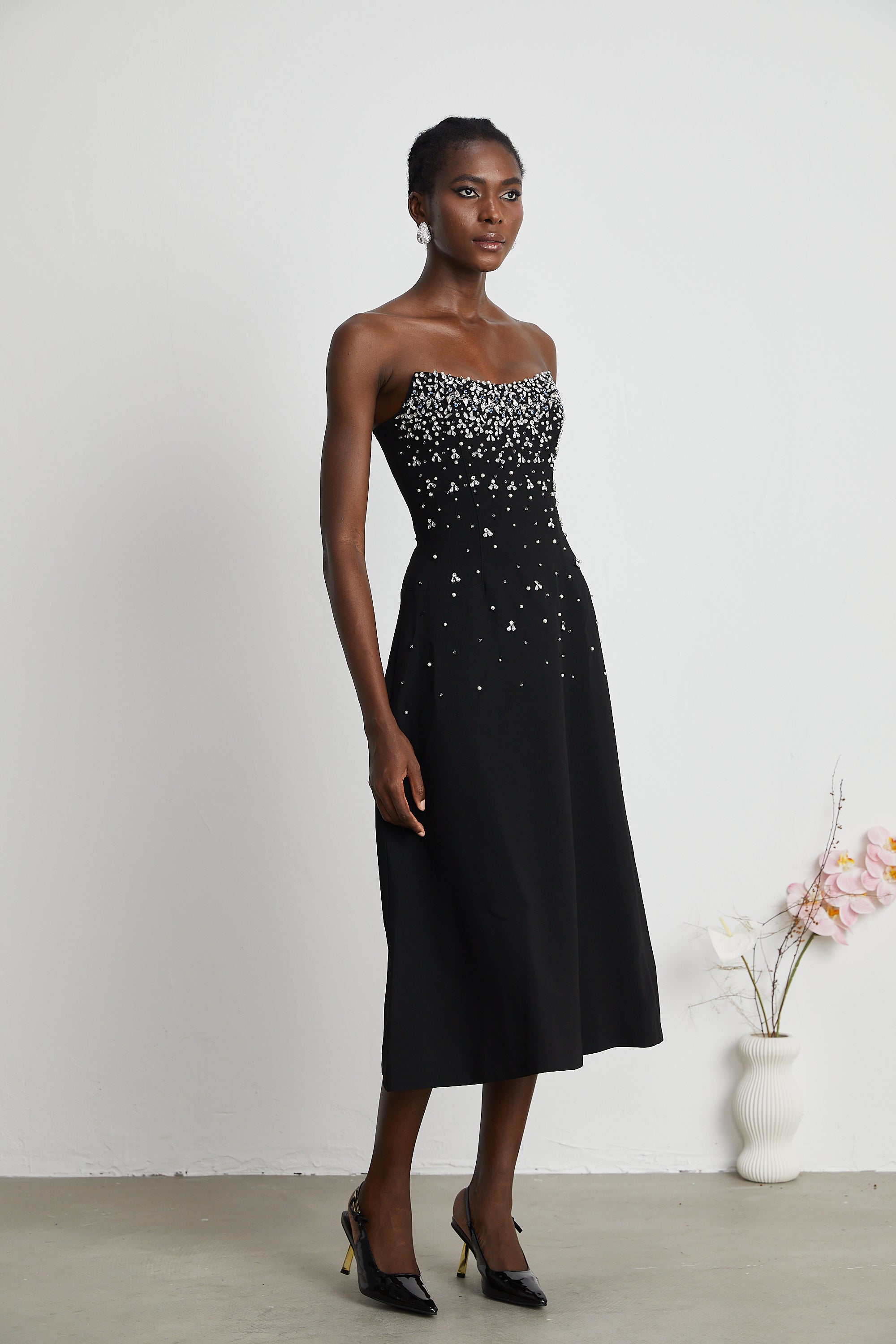 Melisande black embellished midi dress