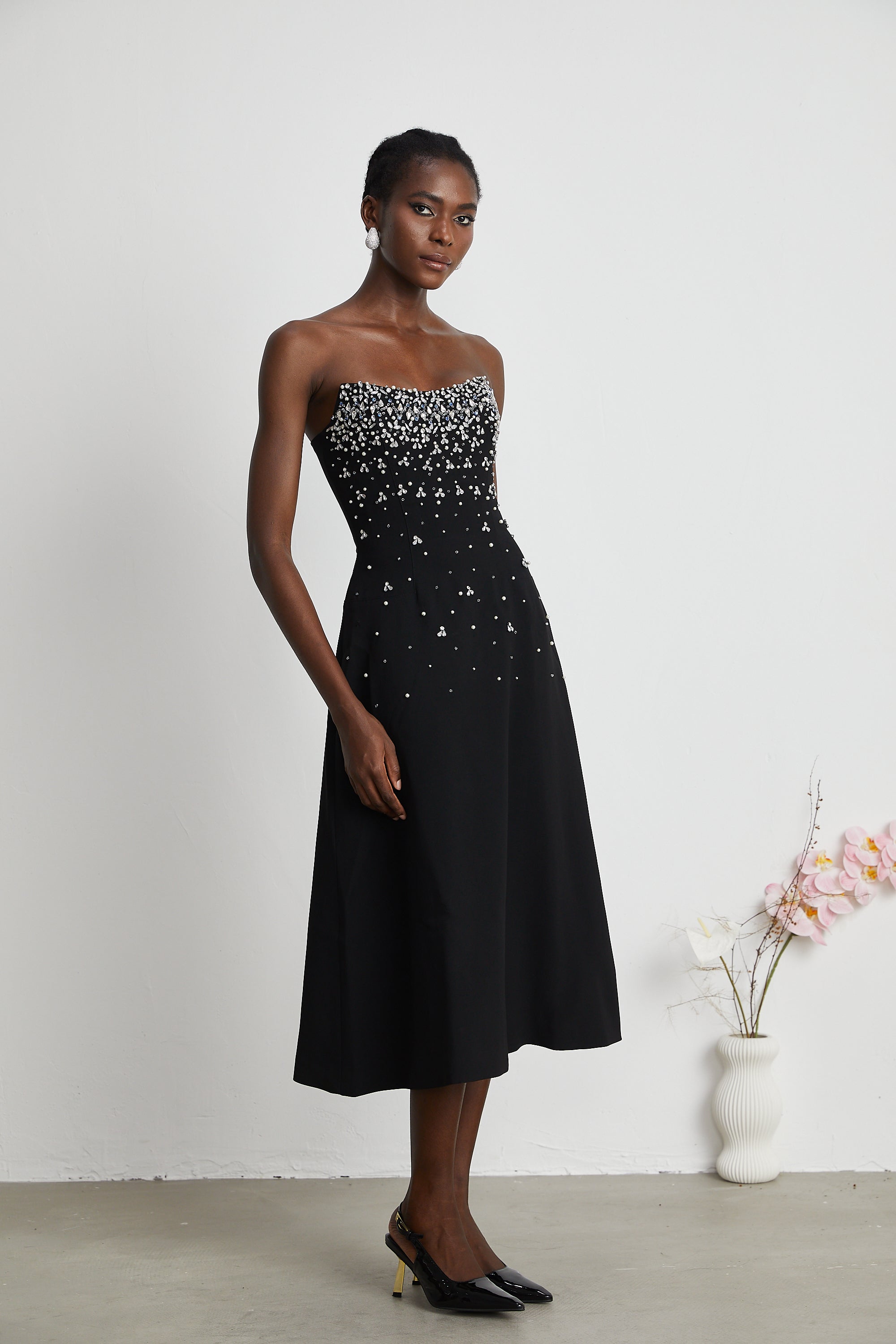 Melisande black embellished midi dress