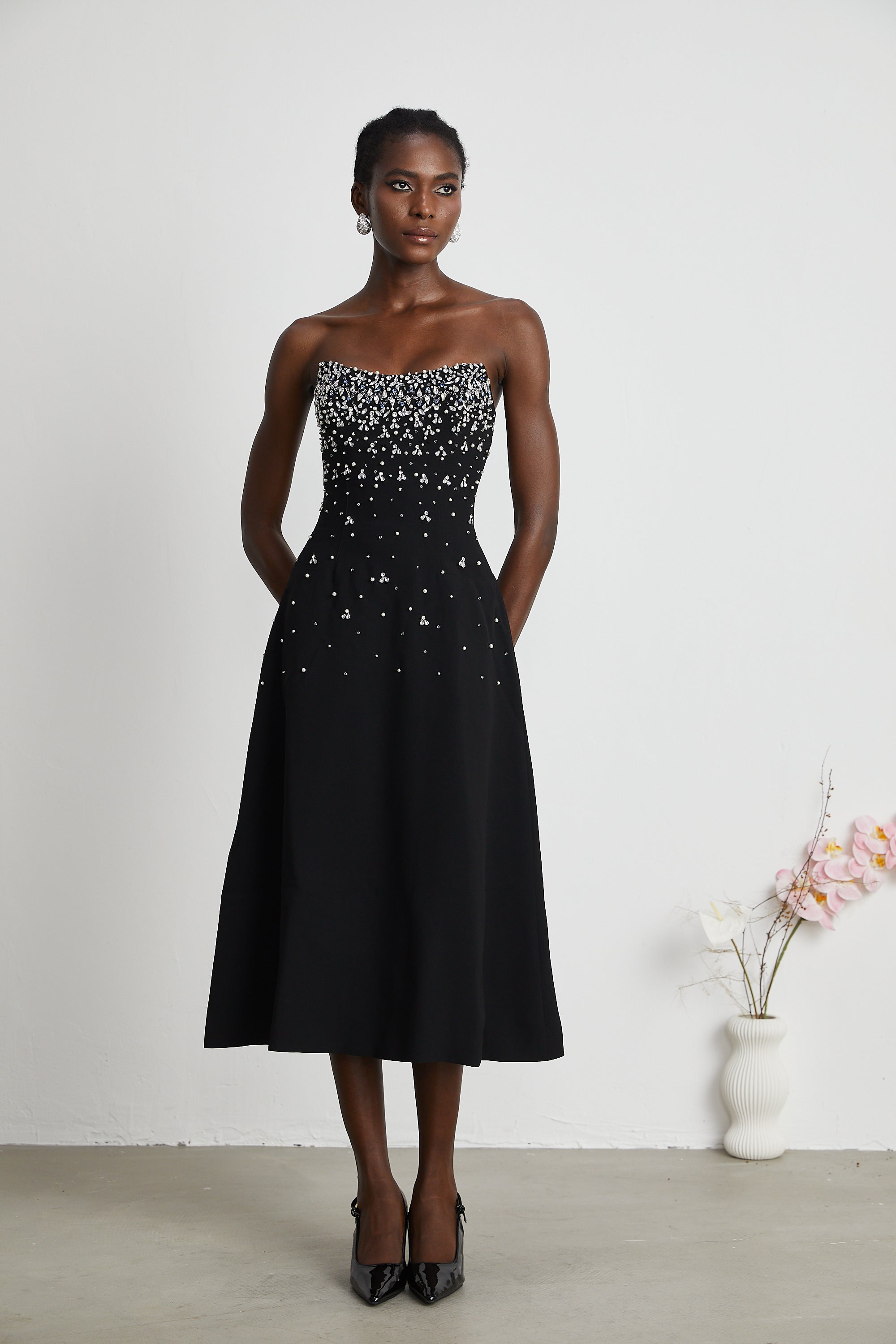 Melisande black embellished midi dress