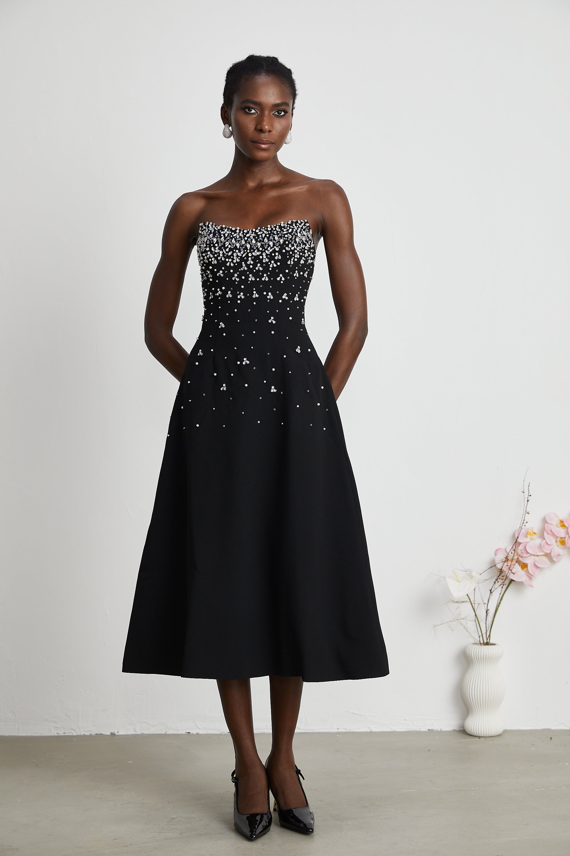 Melisande black embellished midi dress