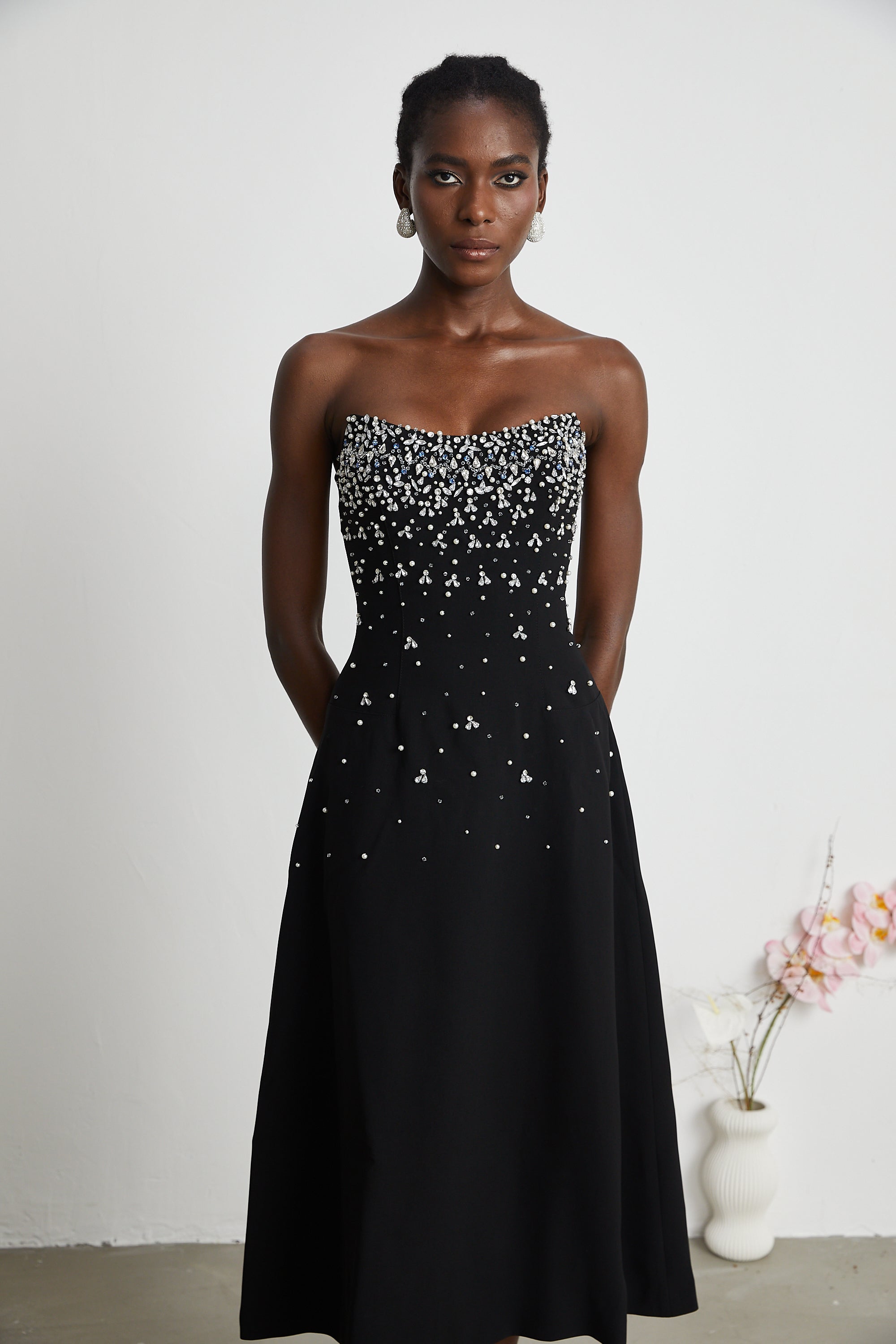 Melisande black embellished midi dress