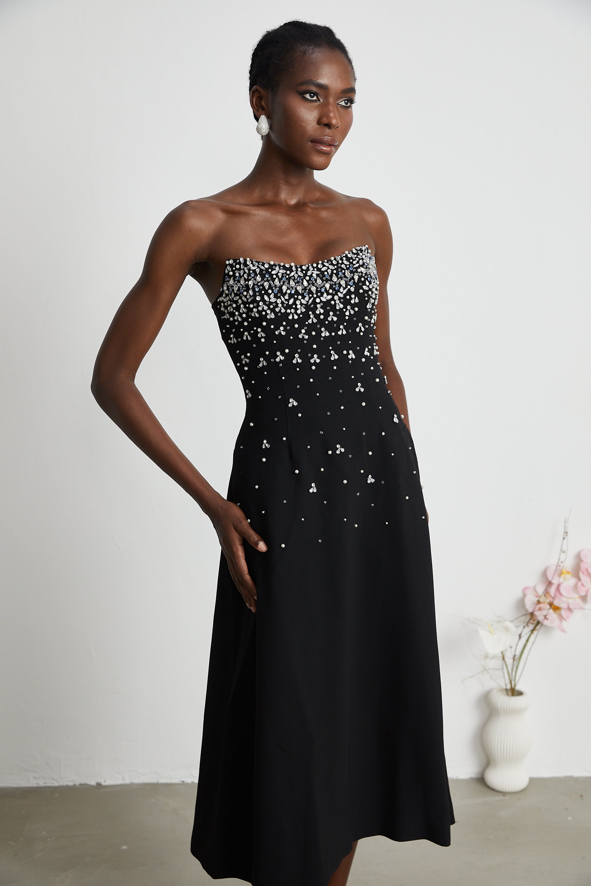 Embellished black midi dress best sale