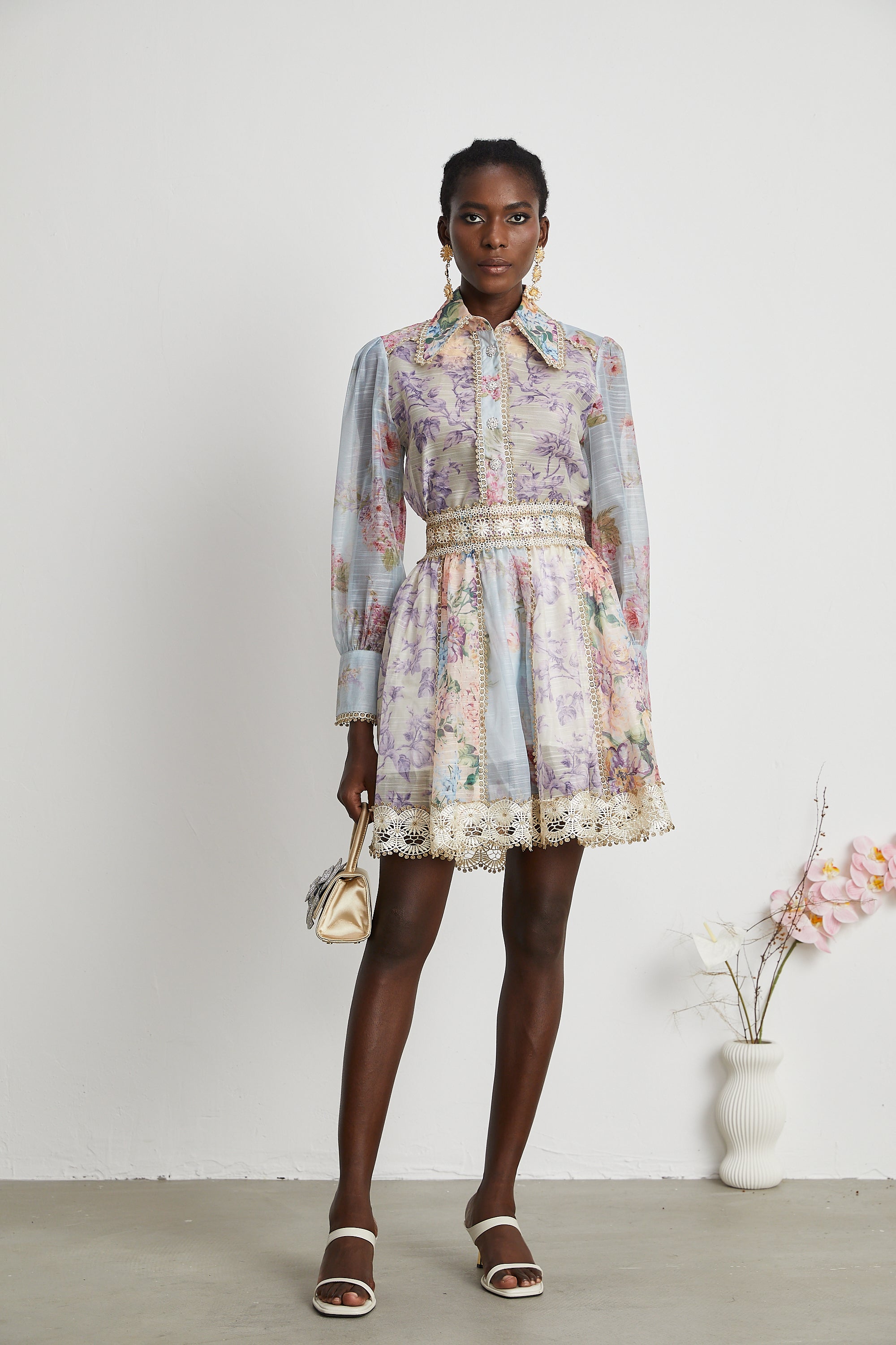 Gaëlle lace embroidered floral-print shirt & skirt matching set