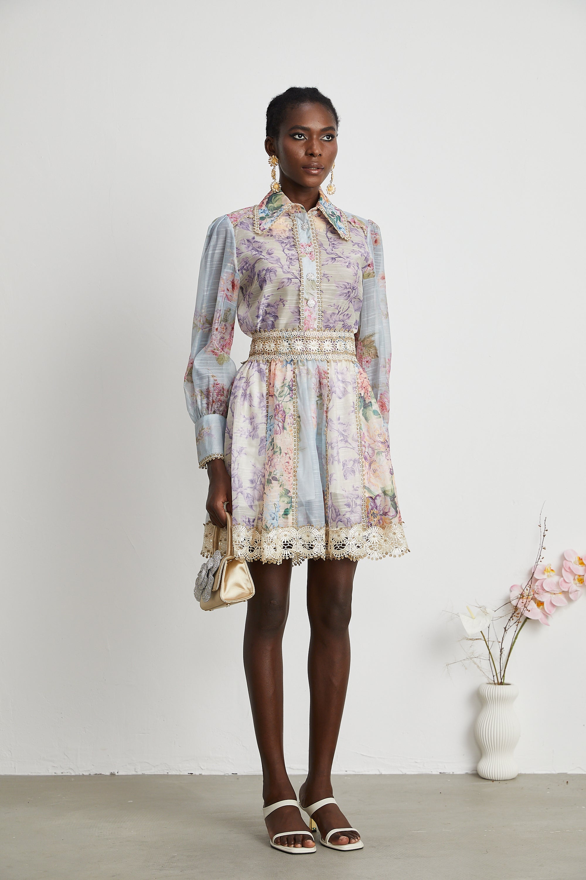 Gaëlle lace embroidered floral-print shirt & skirt matching set