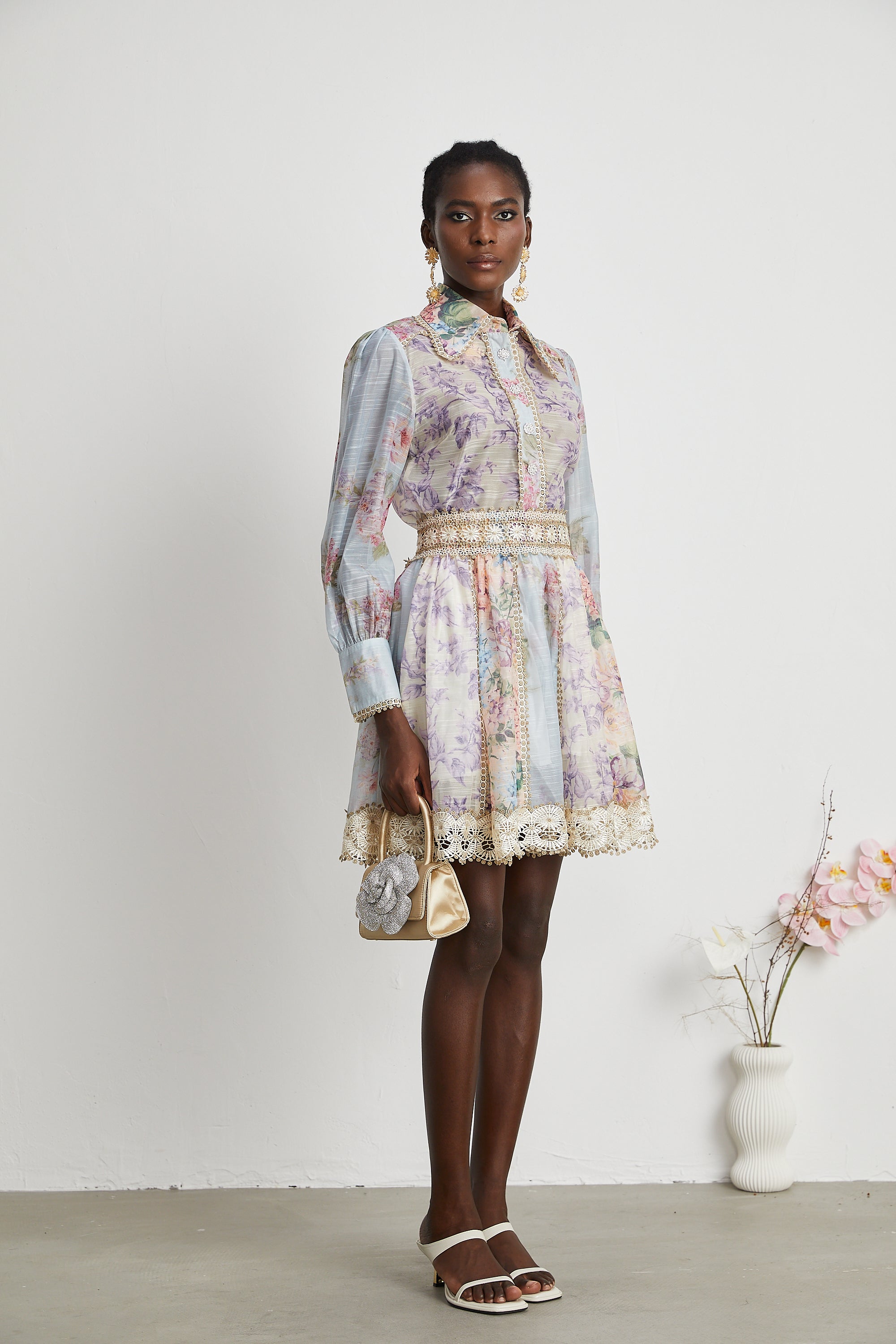 Gaëlle lace embroidered floral-print shirt & skirt matching set