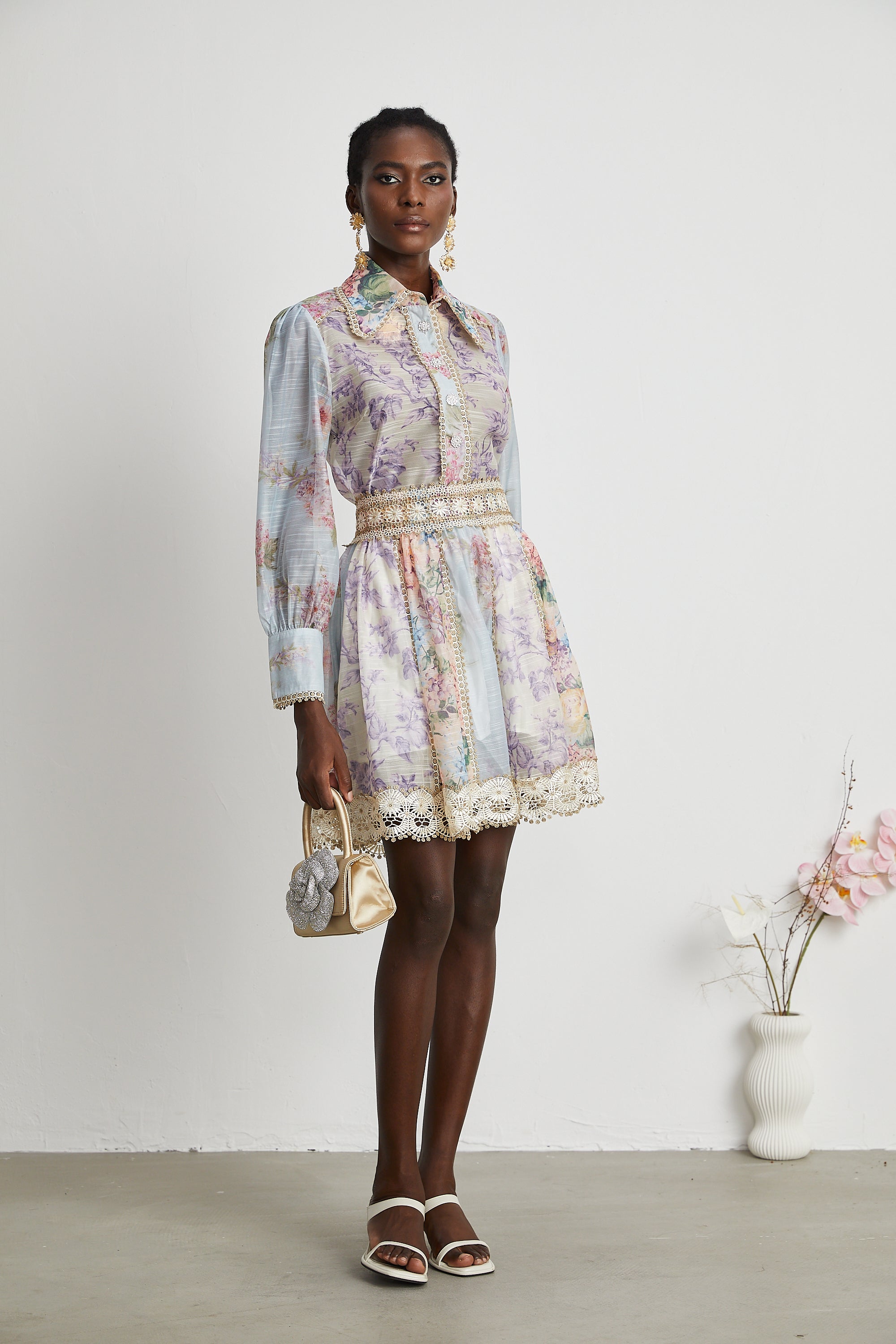 Gaëlle lace embroidered floral-print shirt & skirt matching set