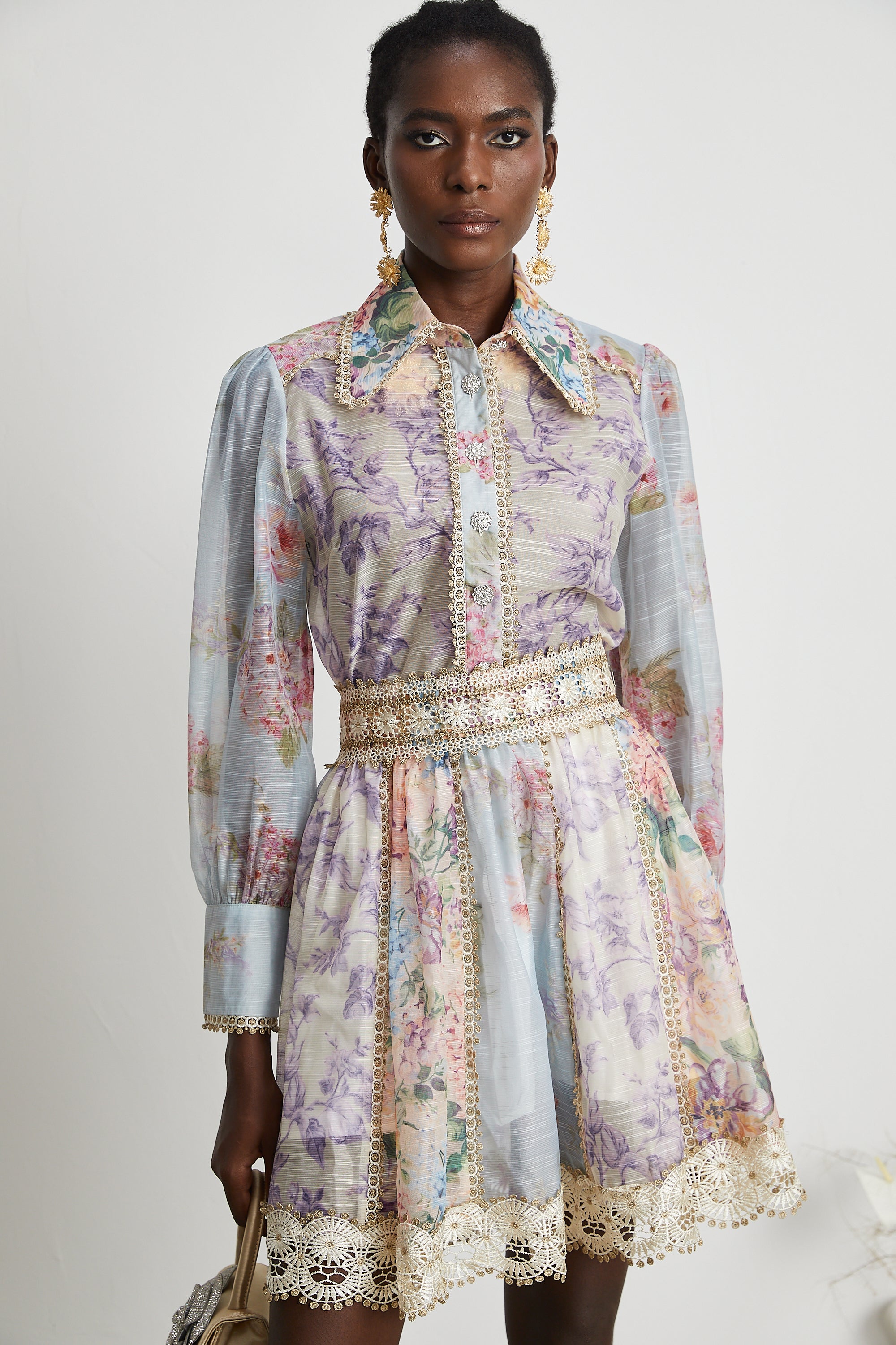 Gaëlle lace embroidered floral-print shirt & skirt matching set