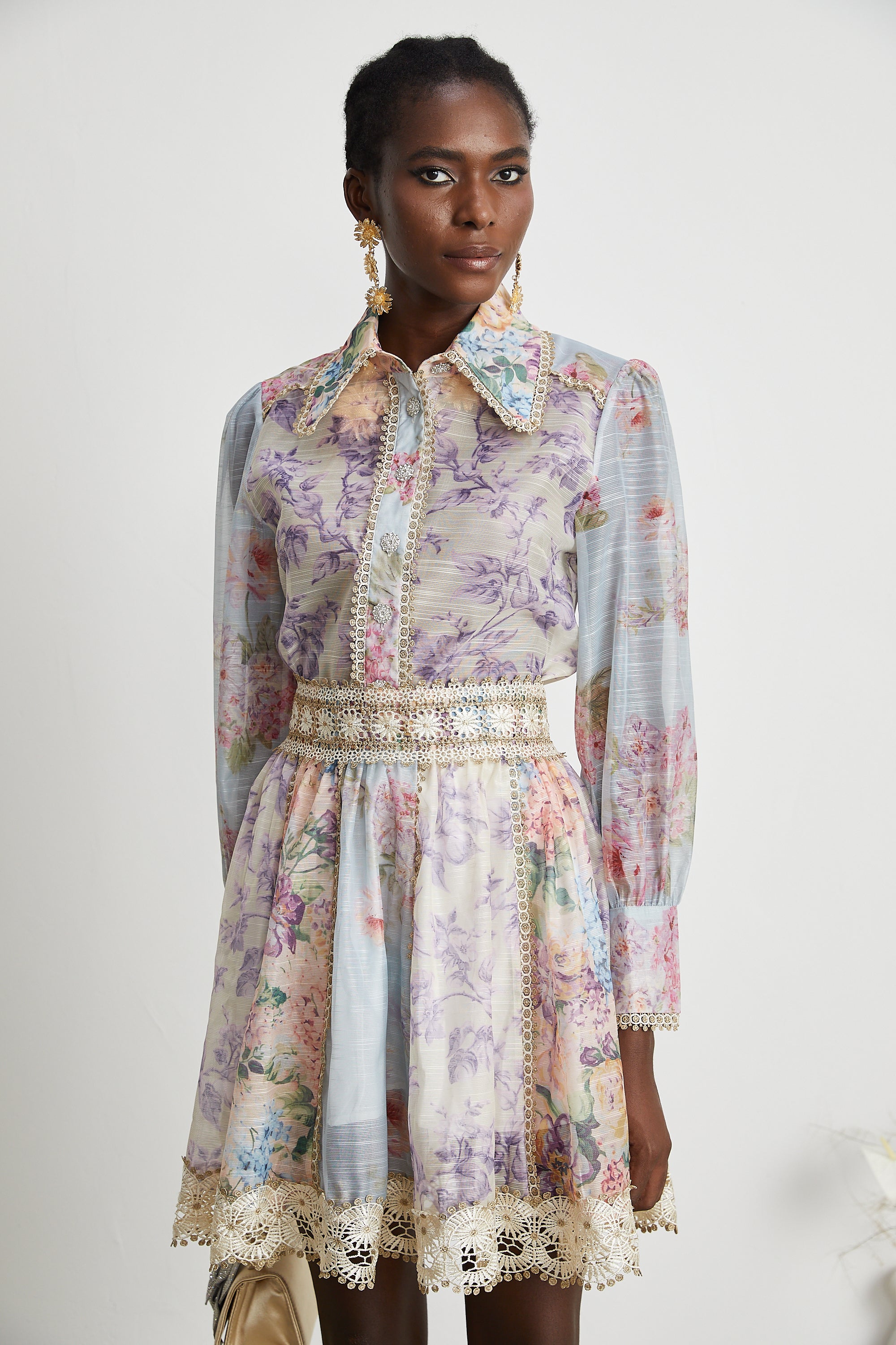 Gaëlle lace embroidered floral-print shirt & skirt matching set