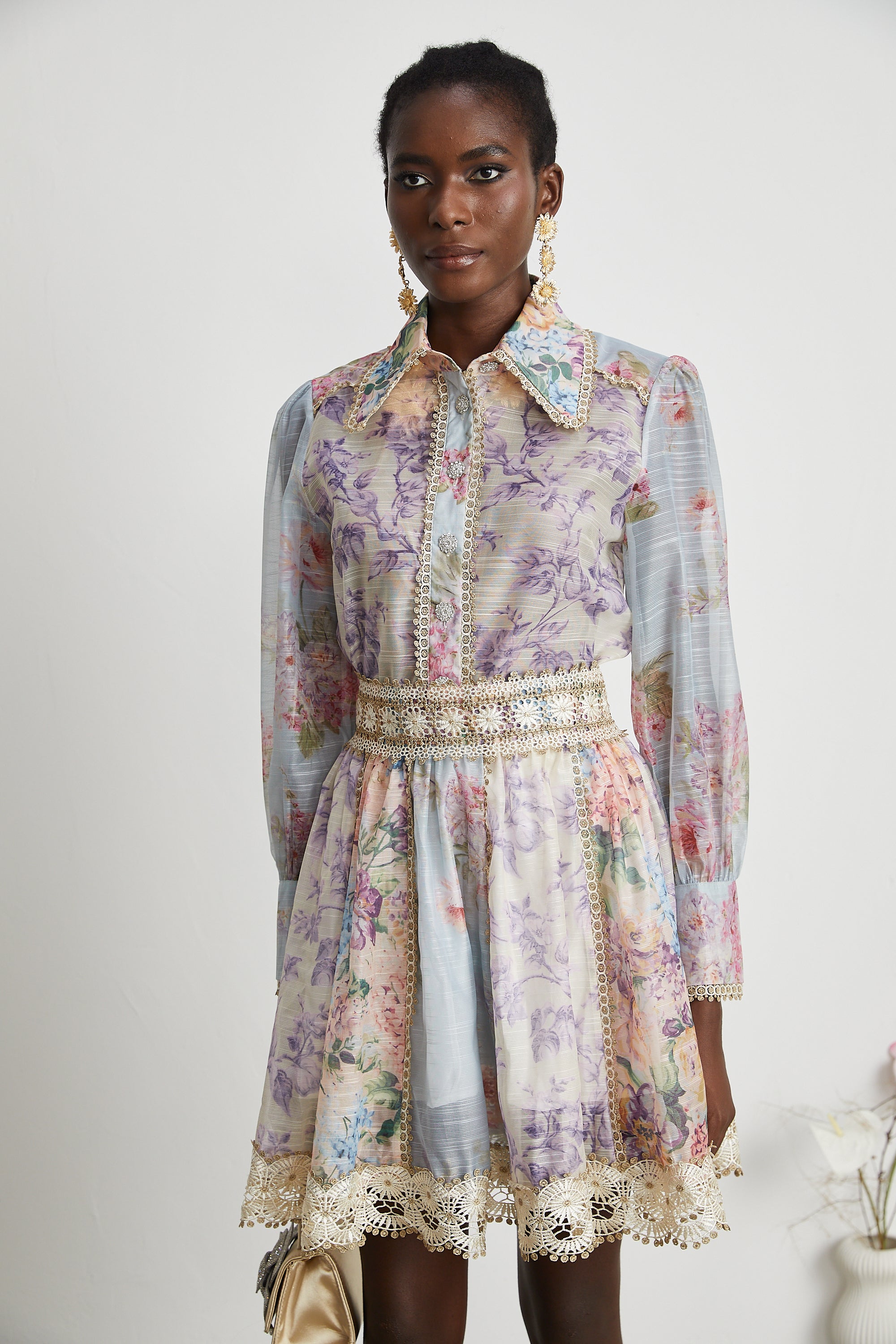 Gaëlle lace embroidered floral-print shirt & skirt matching set