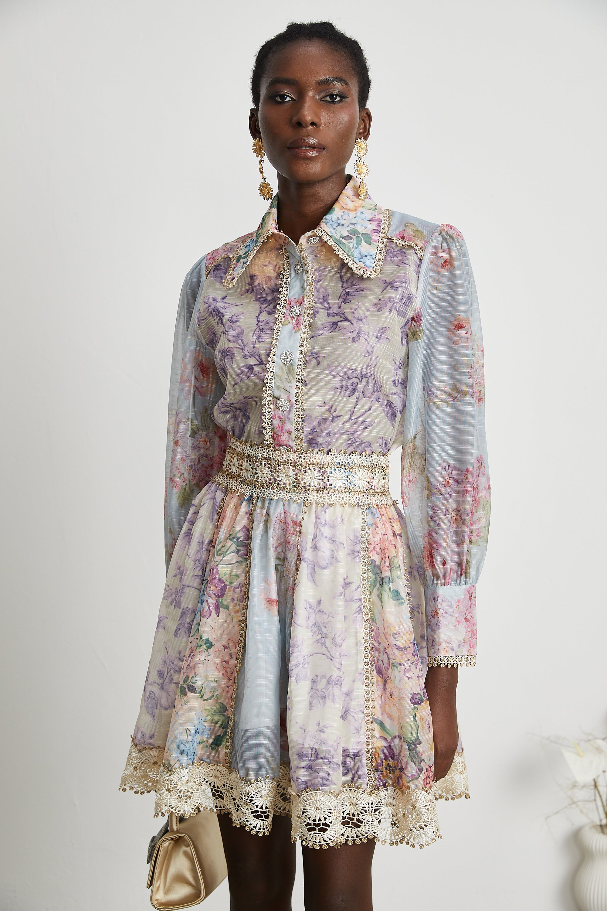 Gaëlle lace embroidered floral-print shirt & skirt matching set