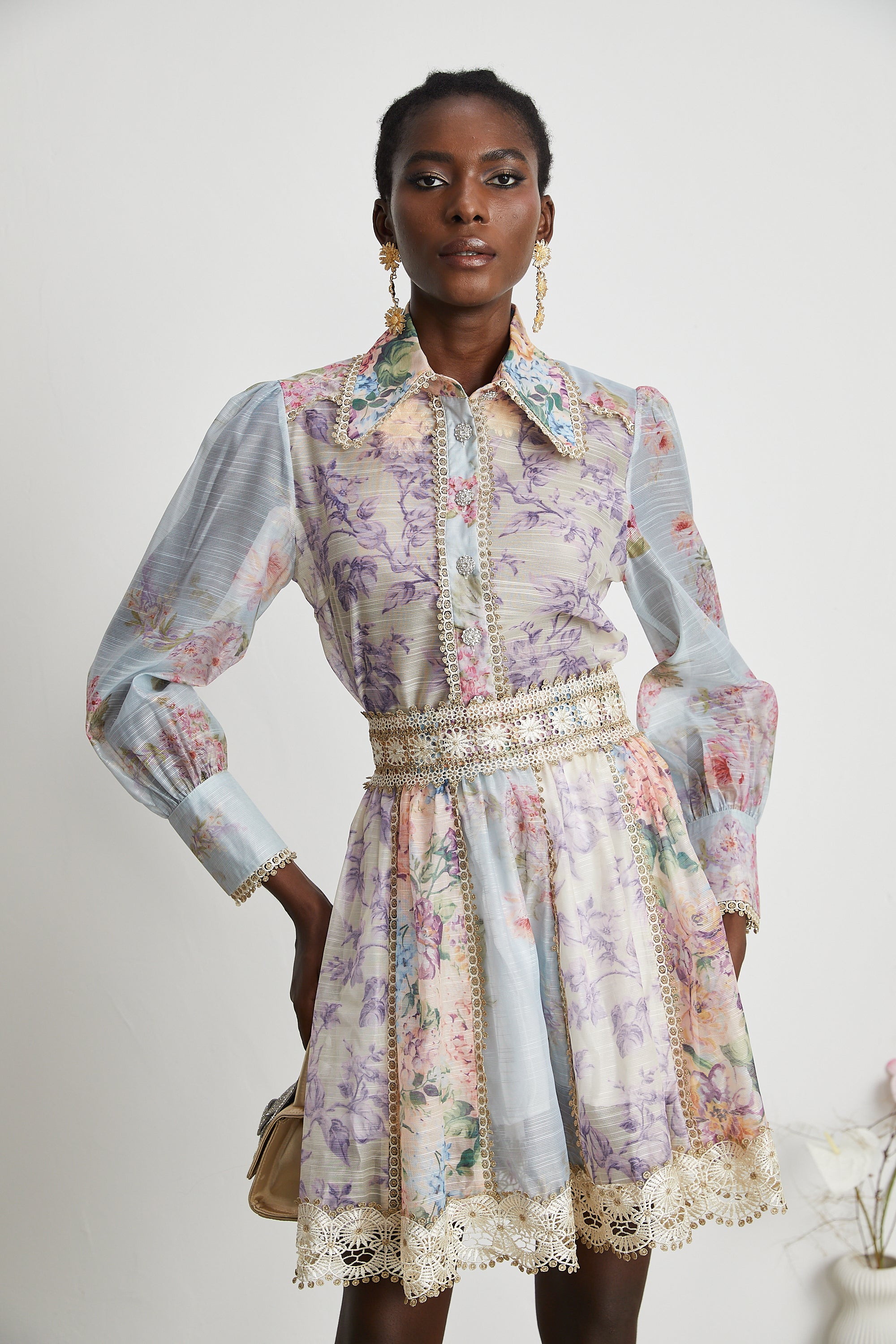 Gaëlle lace embroidered floral-print shirt & skirt matching set