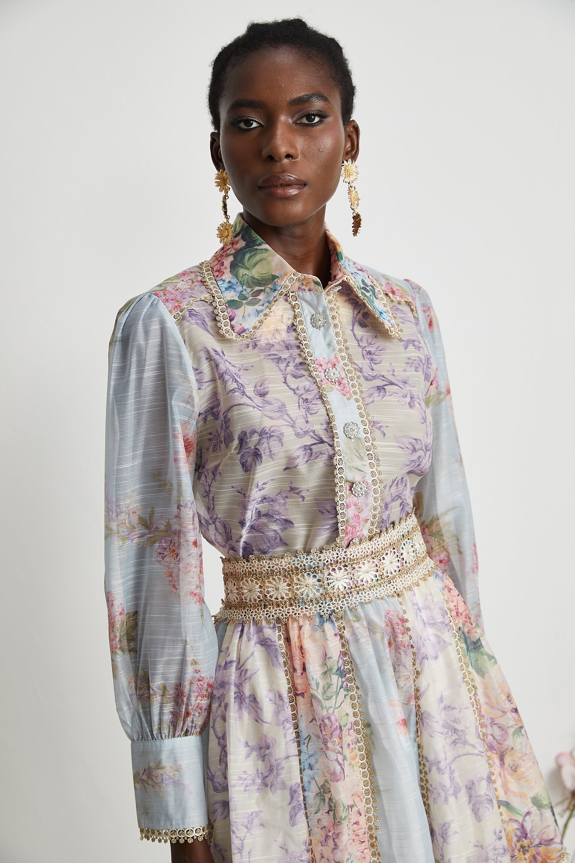 Gaëlle lace embroidered floral-print shirt & skirt matching set