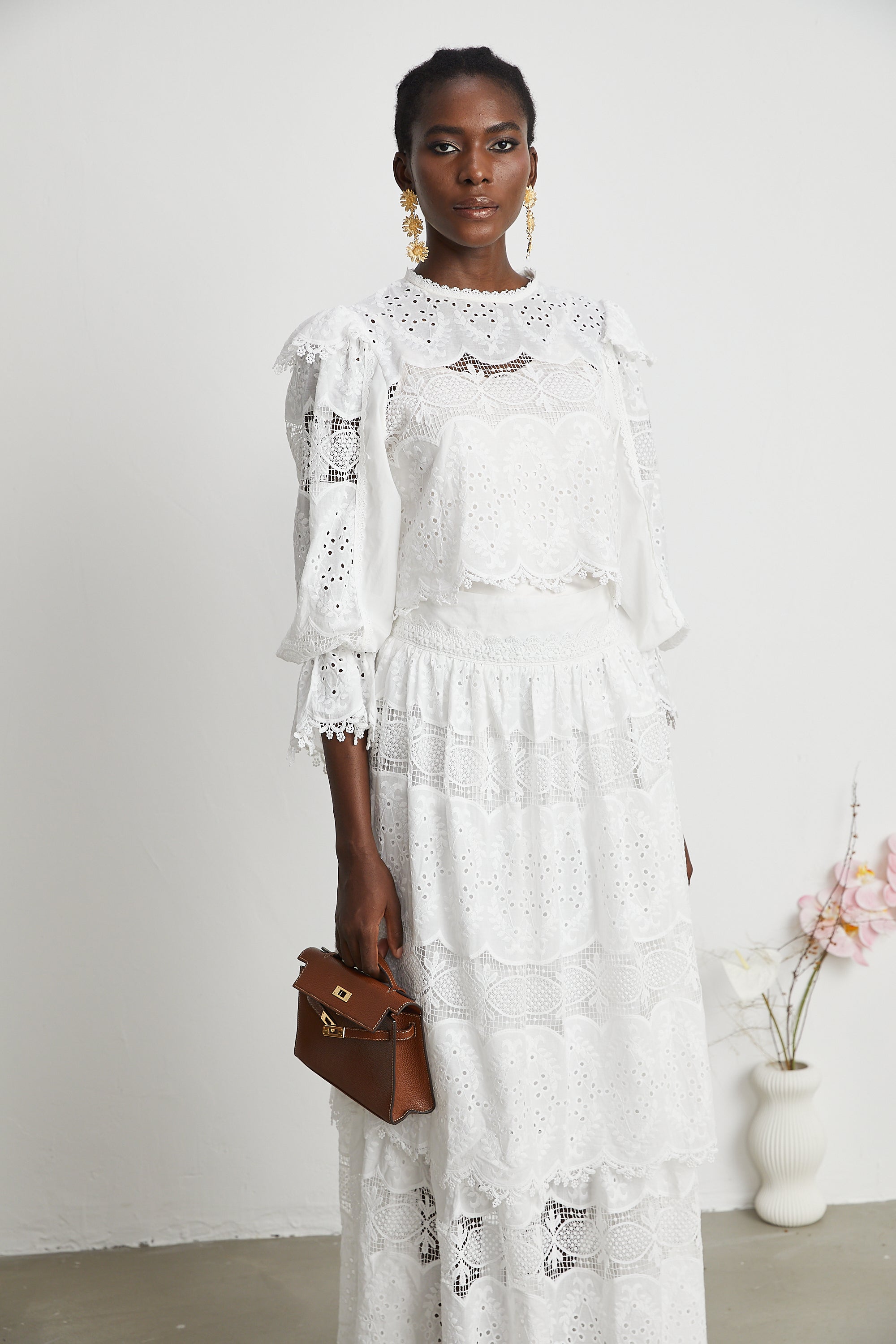 Madeleine lace embroidered cut-out top & skirt matching set