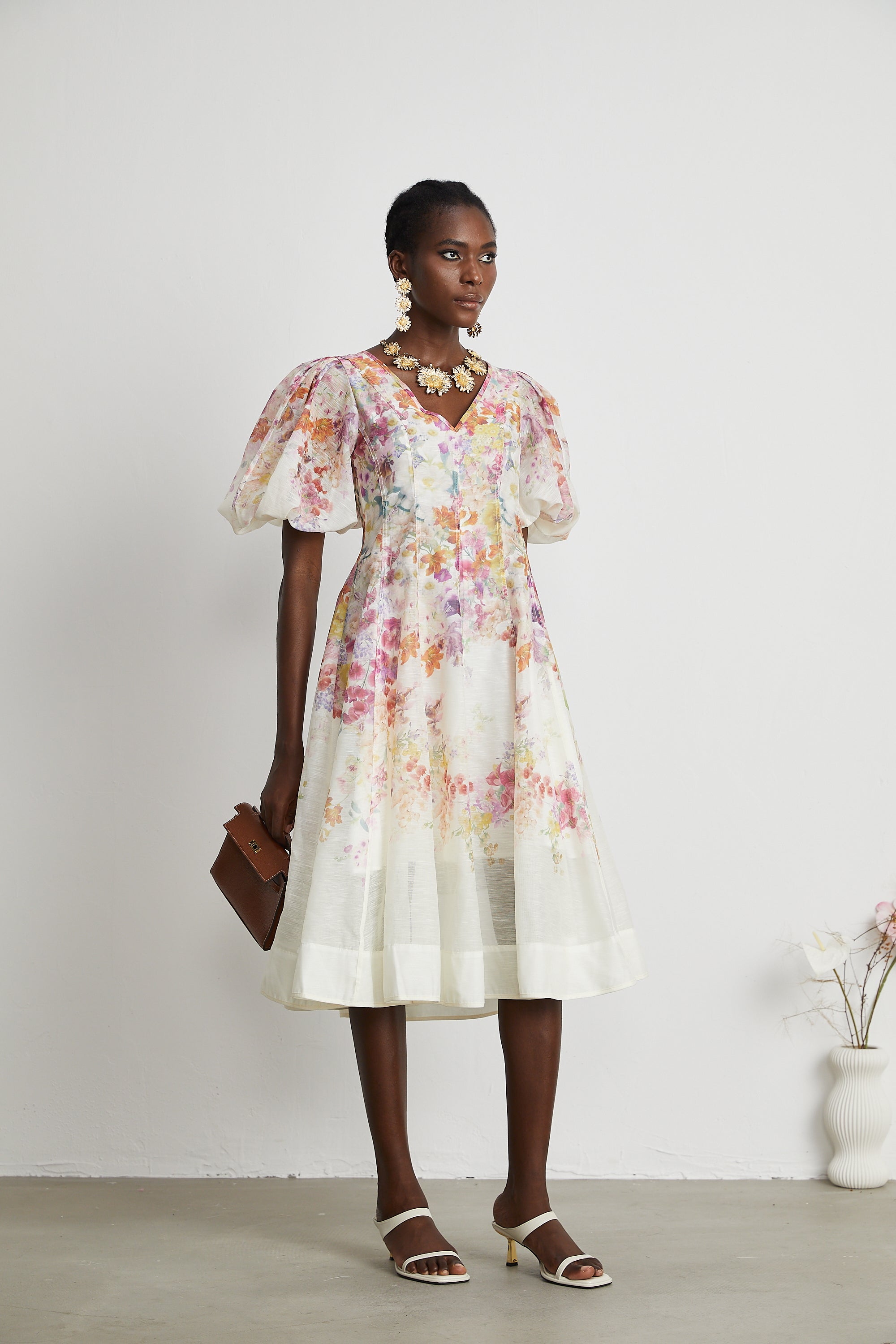 Isabeau floral-print puff-sleeve midi dress