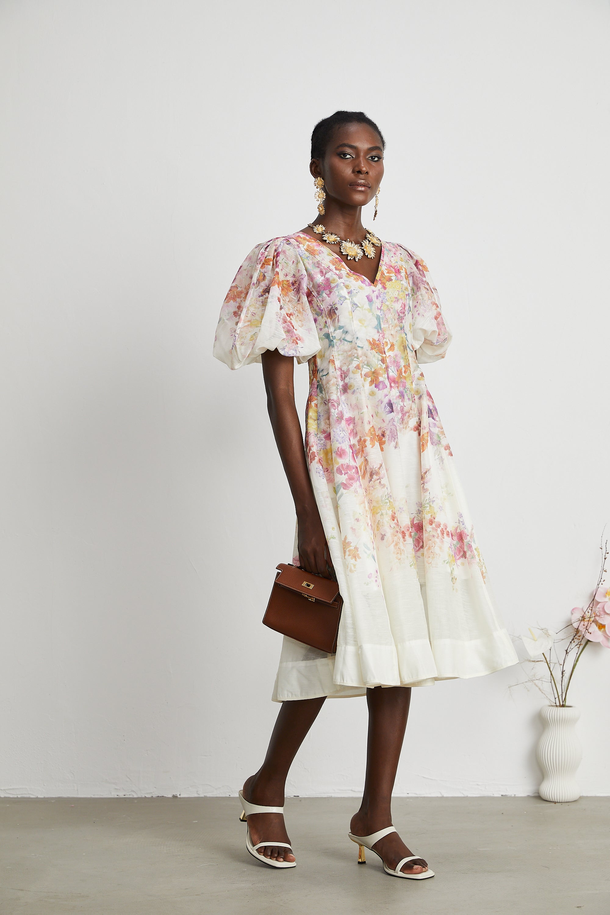 Isabeau floral-print puff-sleeve midi dress