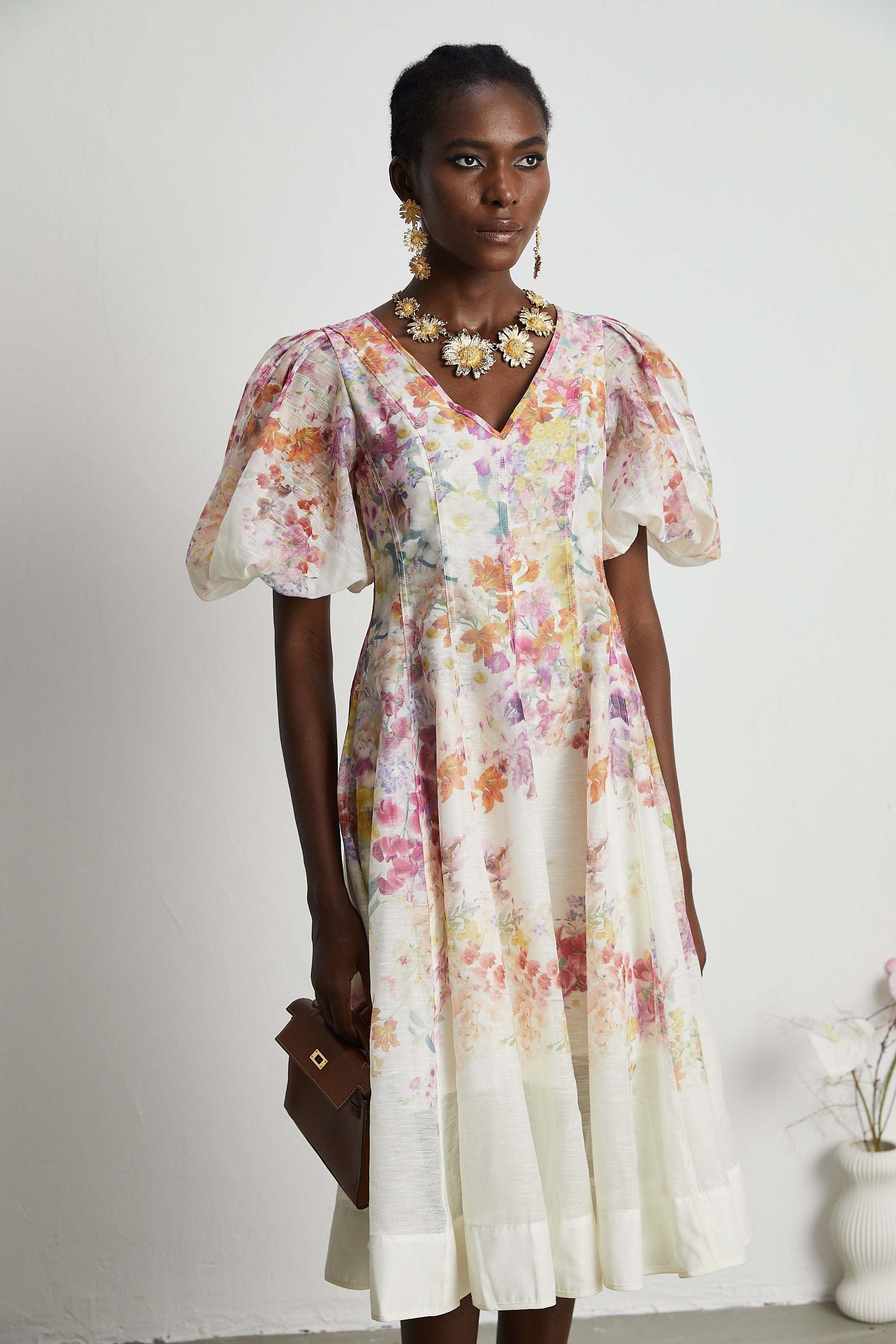 Isabeau floral-print puff-sleeve midi dress