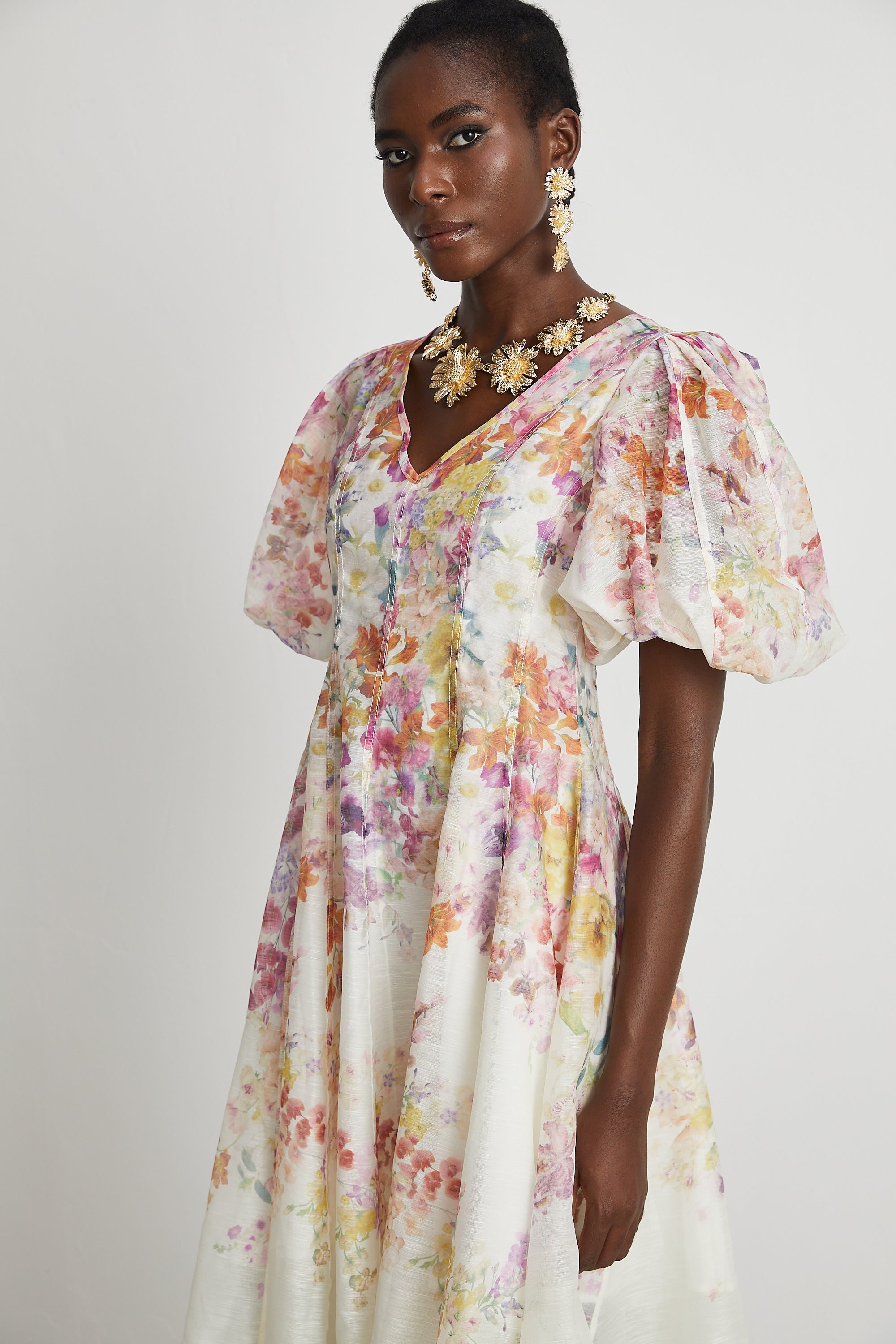 Isabeau floral-print puff-sleeve midi dress