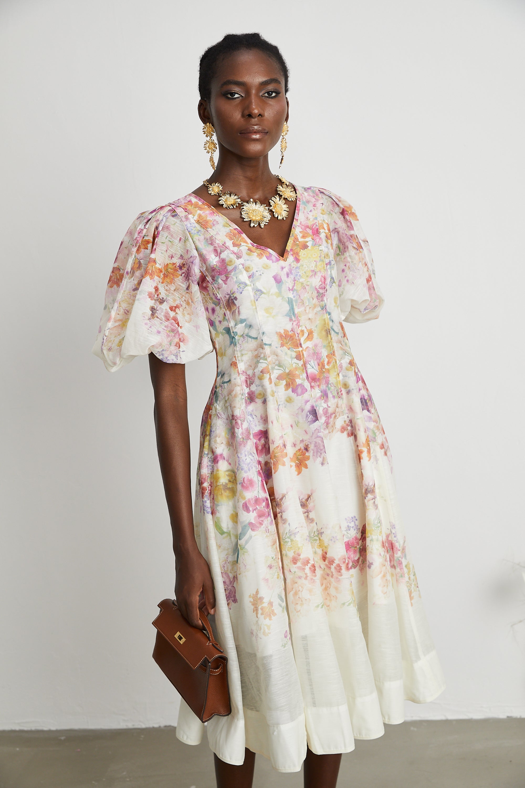 Isabeau floral-print puff-sleeve midi dress