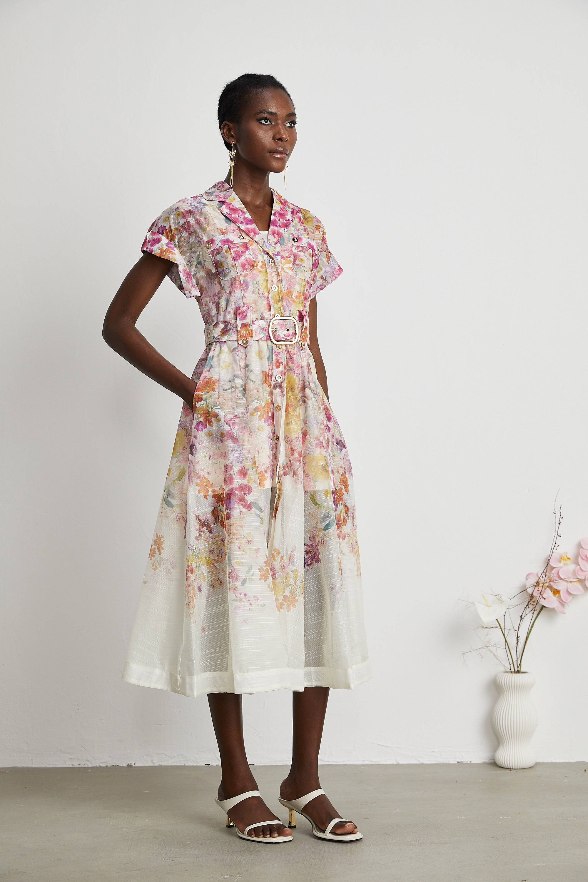 Thaïs classic-collar floral-print midi dress